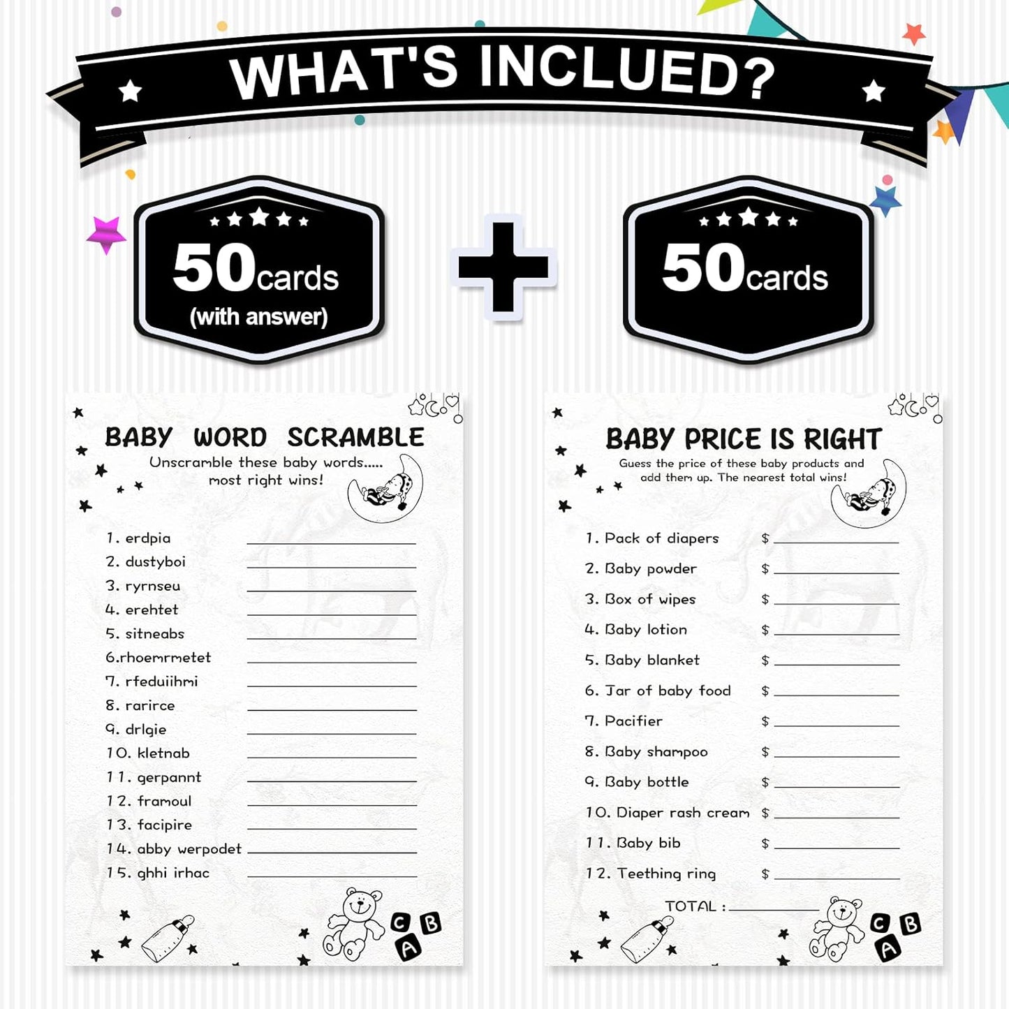 Baby Shower Games for Boy or Girl-2 Games(50 of Each),Double-Sided,Thick Cardboard,with Answer Keys