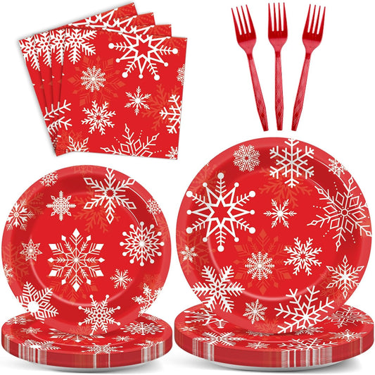 ZOIIWA 200 PCS Christmas Theme Party Tableware Disposable Merry Christmas Party Supplies Dinnerware Set Xmas napkins Snowflakes Paper Plates Bulk Christmas Dinnerware Party Decoration Serve 50 guest