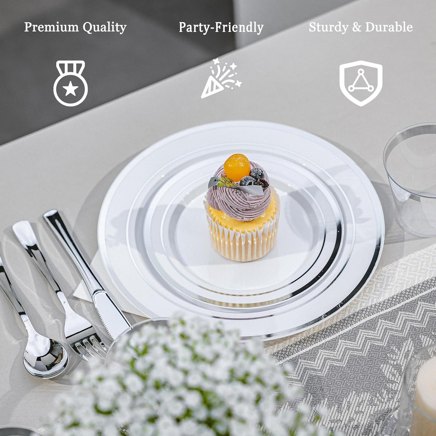 N9R 600PCS Silver Disposable Plastic Plates, Silver Plastic Dinnerware Set Includes 100 Dinner Plates, Dessert Plate, Cups, Spoons, Forks, Knives for 100 Guests, Perfect for Party, Wedding, Birthday