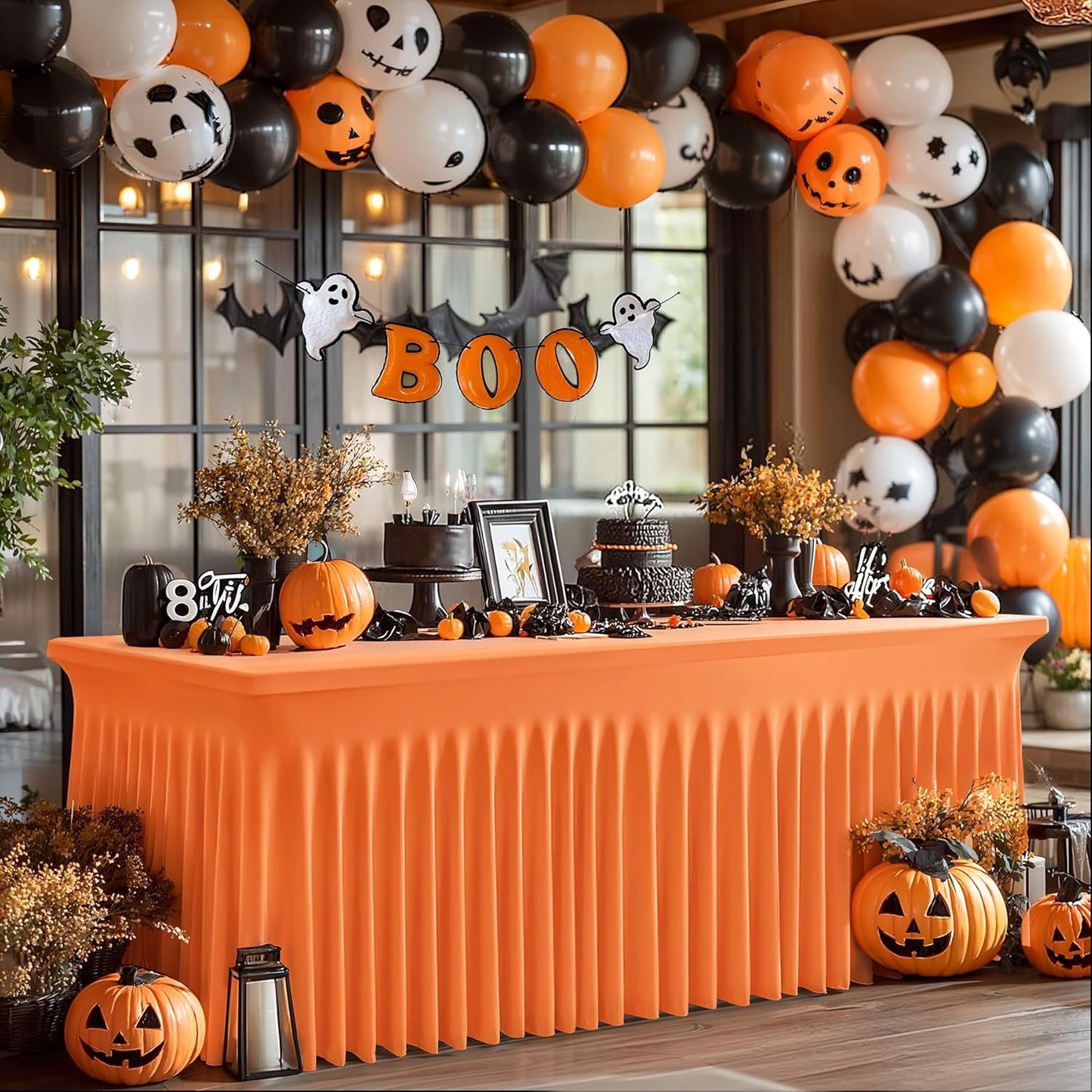 1 Pack Orange Table Clothes for 4 Foot Rectangle Tables, One-Piece Wrinkle Resistant Stretch Spandex Table Covers with Skirt for Event Banquet Wedding Birthday Party