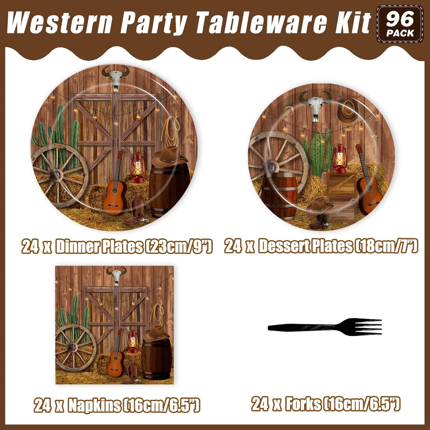 96 Pcs Western Party Plates, Western Cowboy Birthday Party Decorations Supplies Rustic Wild West Birthday Party Paper Plates Napkins Wooden House Barn Door Baby Shower Tableware, Serves 24