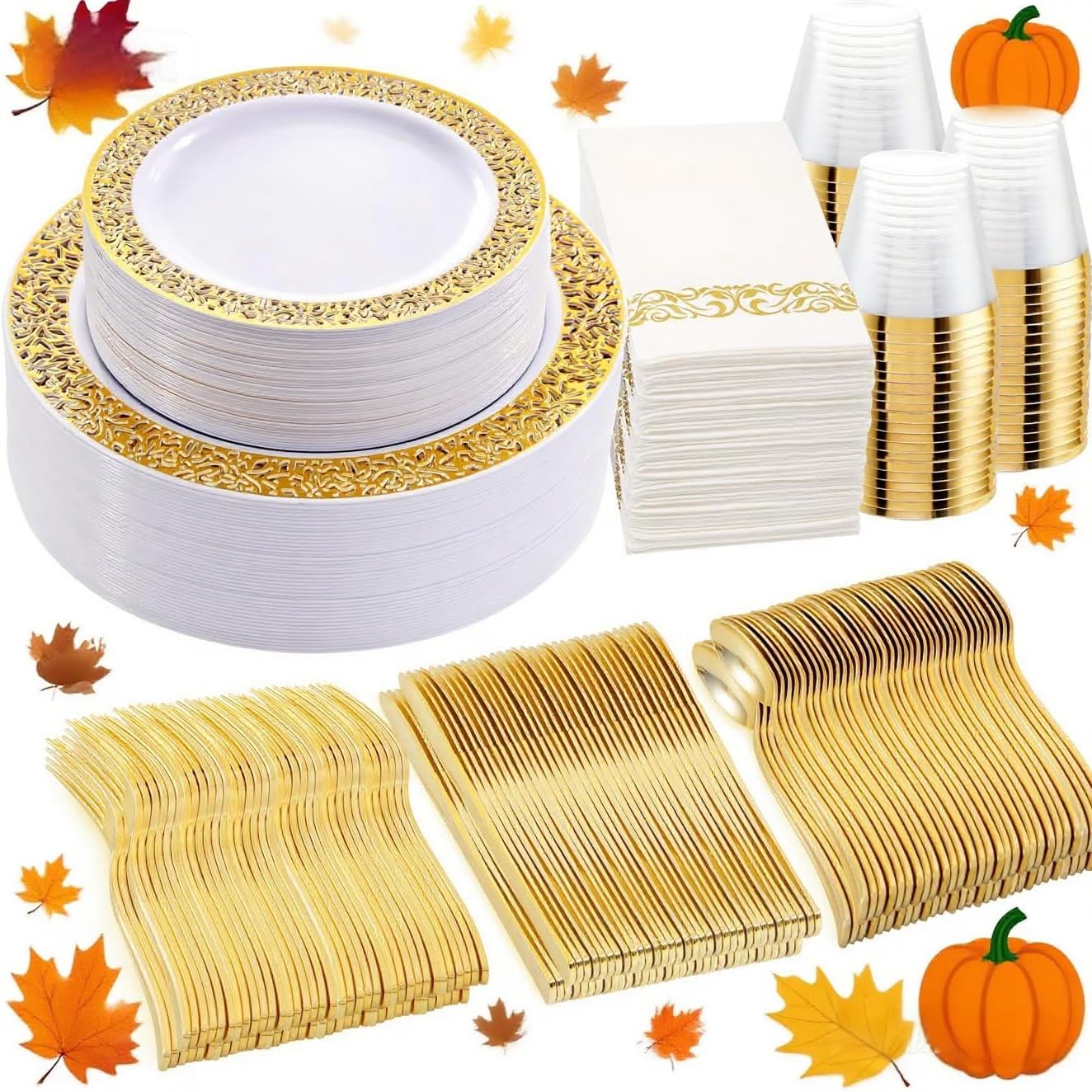 WELLIFE 210Pcs Gold Plastic Dinnerware - Disposable Silverware and Cups, Include:30 Dinner Plates, 30 Dessert Plates, 30 Paper Napkins, 30 Cups, 30 Gold Plastic Cutlery Set for Party, Wedding