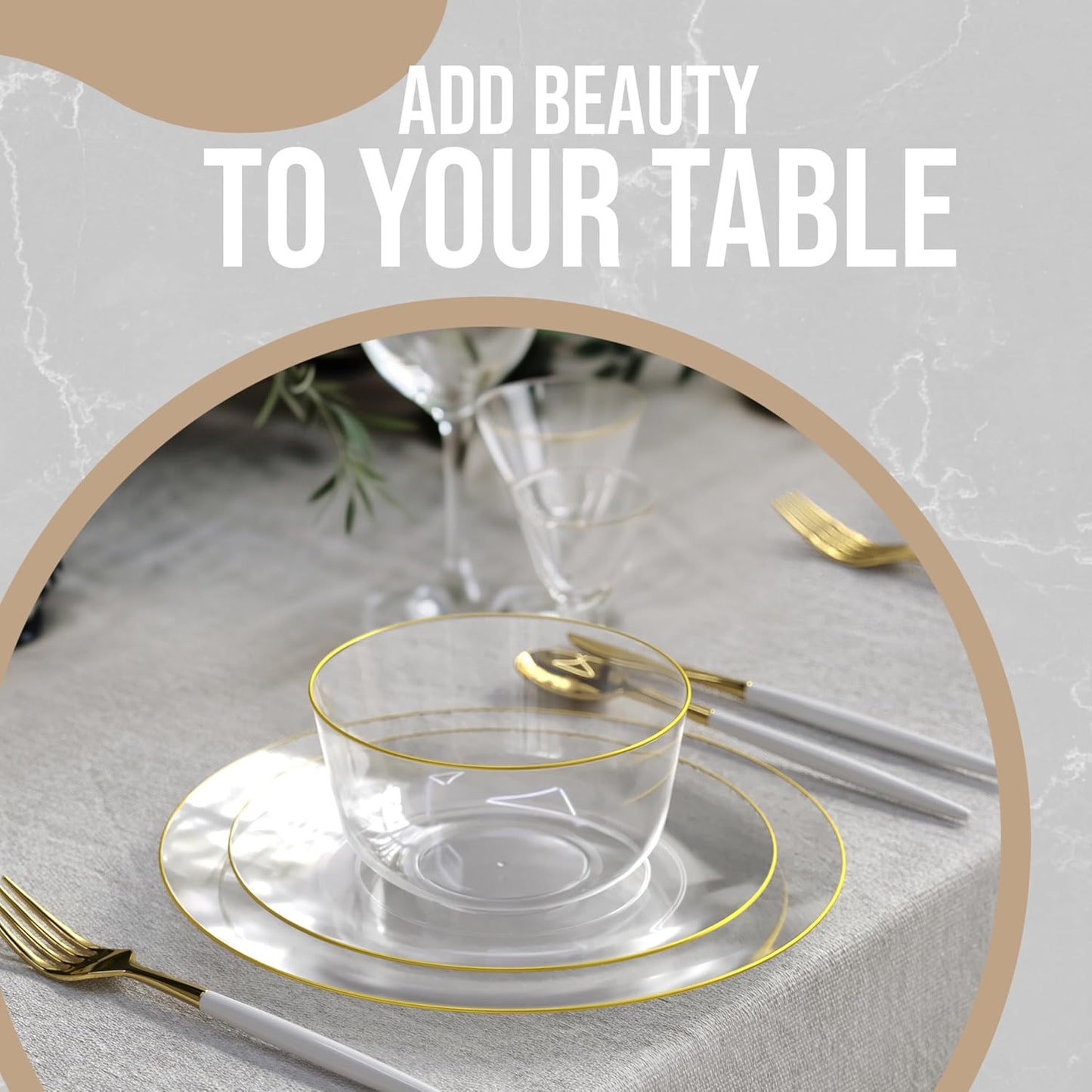 Trendables Clear Plastic Bowls - 24 Oz Set of 10, Gold Rimmed, Fancy Serving Bowls - Perfect for Ice Cream, Salad, Candy