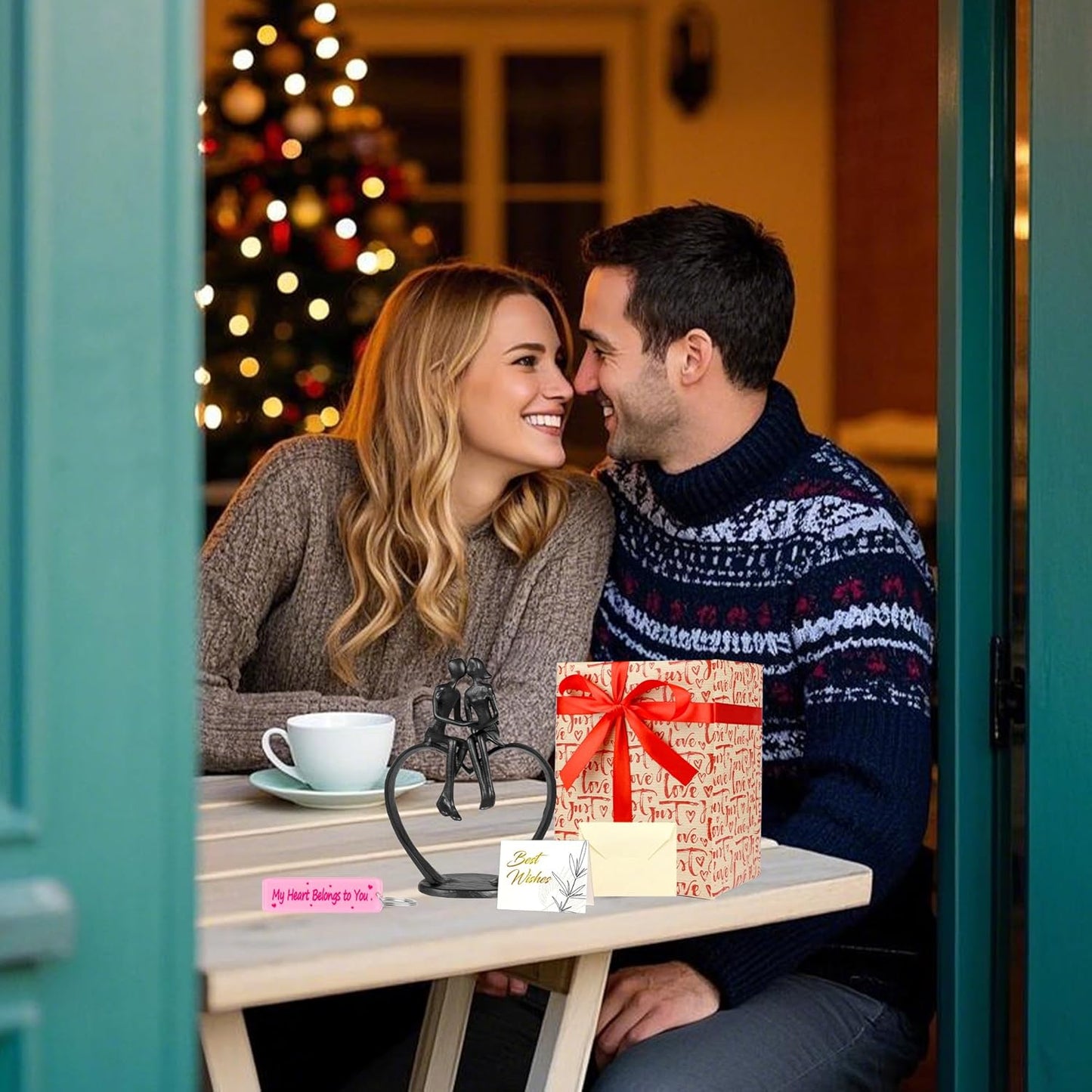 Gifts for Wife, Kissing Couple & Loving Heart Statue Cast Iron Sculpture Decor, Wedding Anniversary Birthday Gifts for Wife Women Girlfriend Her, Wedding Anniversary Couple Gifts