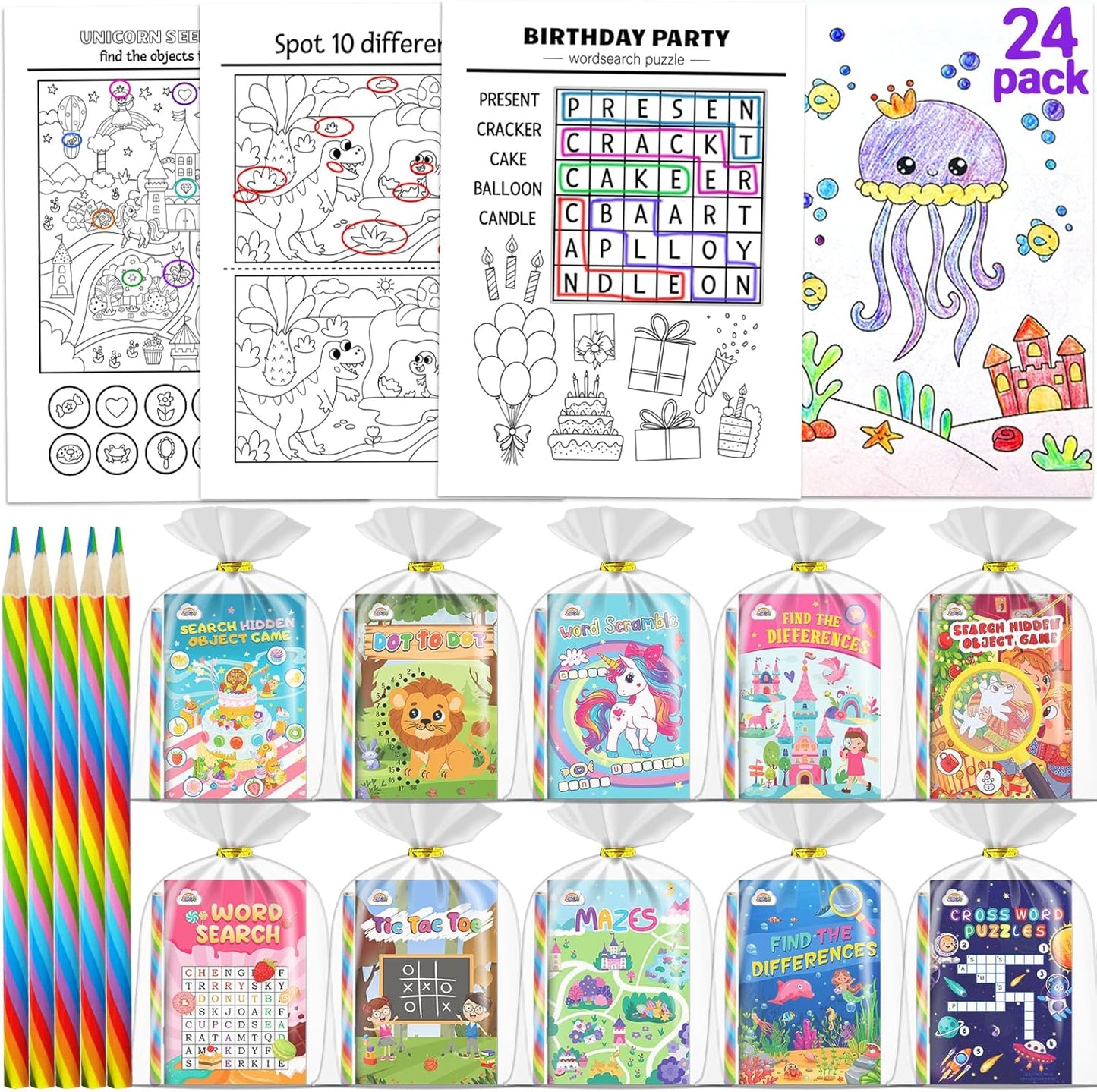 ZMLM 24 Pack Activity Books Party Favors for Kids - with 24 Colored Pencils Mini Puzzles Mazes Word Search Activity Books Bulk for Kids Goodie Bags Stuffers Return Gifts for Students Classroom Games