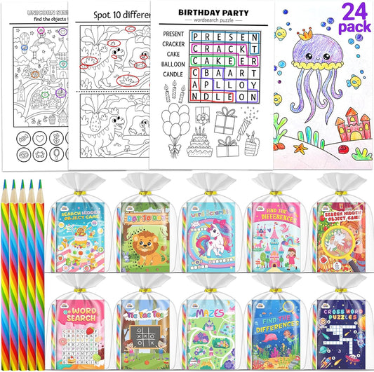 ZMLM 24 Pack Activity Books Party Favors for Kids - with 24 Colored Pencils Mini Puzzles Mazes Word Search Activity Books Bulk for Kids Goodie Bags Stuffers Return Gifts for Students Classroom Games