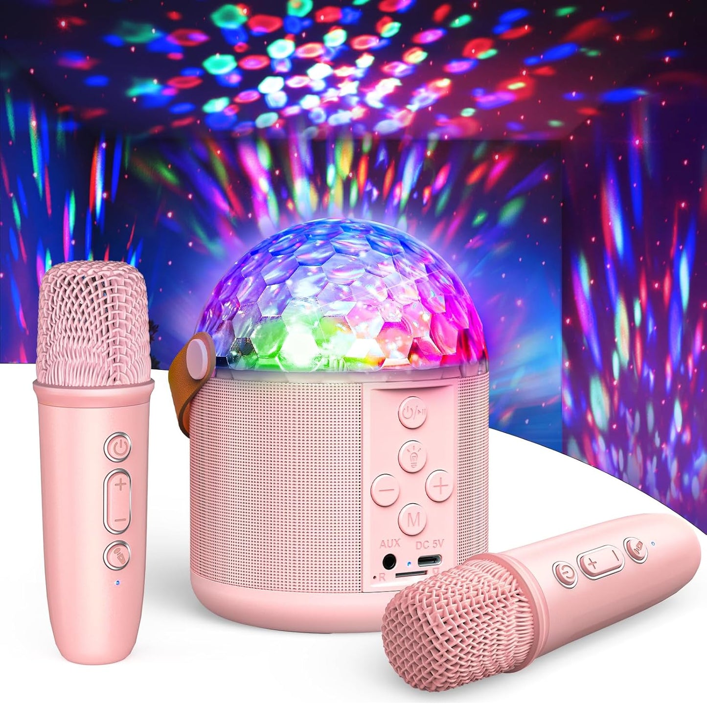 Karaoke Machine with Disco LED Lights for Adults Kids, Portable Bluetooth Speaker with 2 Wireless Microphone Xmas Toys Gifts for Girls Boys Birthday Family Home Party