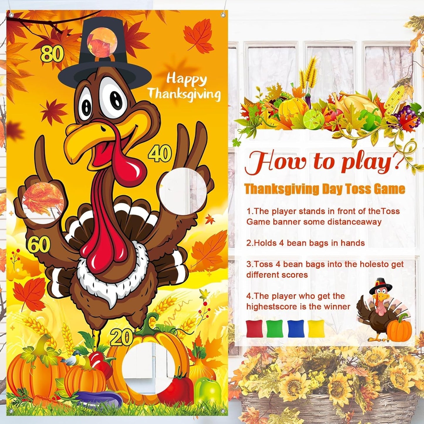 Upgraded, Fall Festival Games, Funny Turkey Toss Game, with 4 Bean Bags, Classic Design, Premium Banner, Accessories, Storage Bag, Thanksgiving Games for Kids Teen, Friendsgiving Party Decorations
