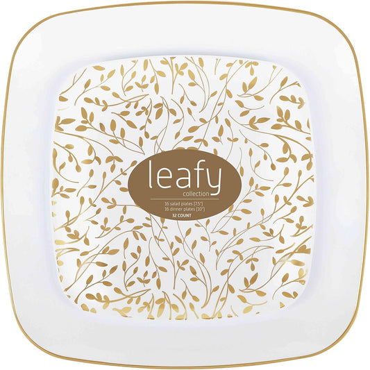 PLASTICPRO Square 32 Piece Combo Plates Set includes 16 x 7'' inch Salad Plates & 16 x 10'' inch Dinner Plates White Plastic with Gold Leaf Design Party Plates, Premium heavyweight