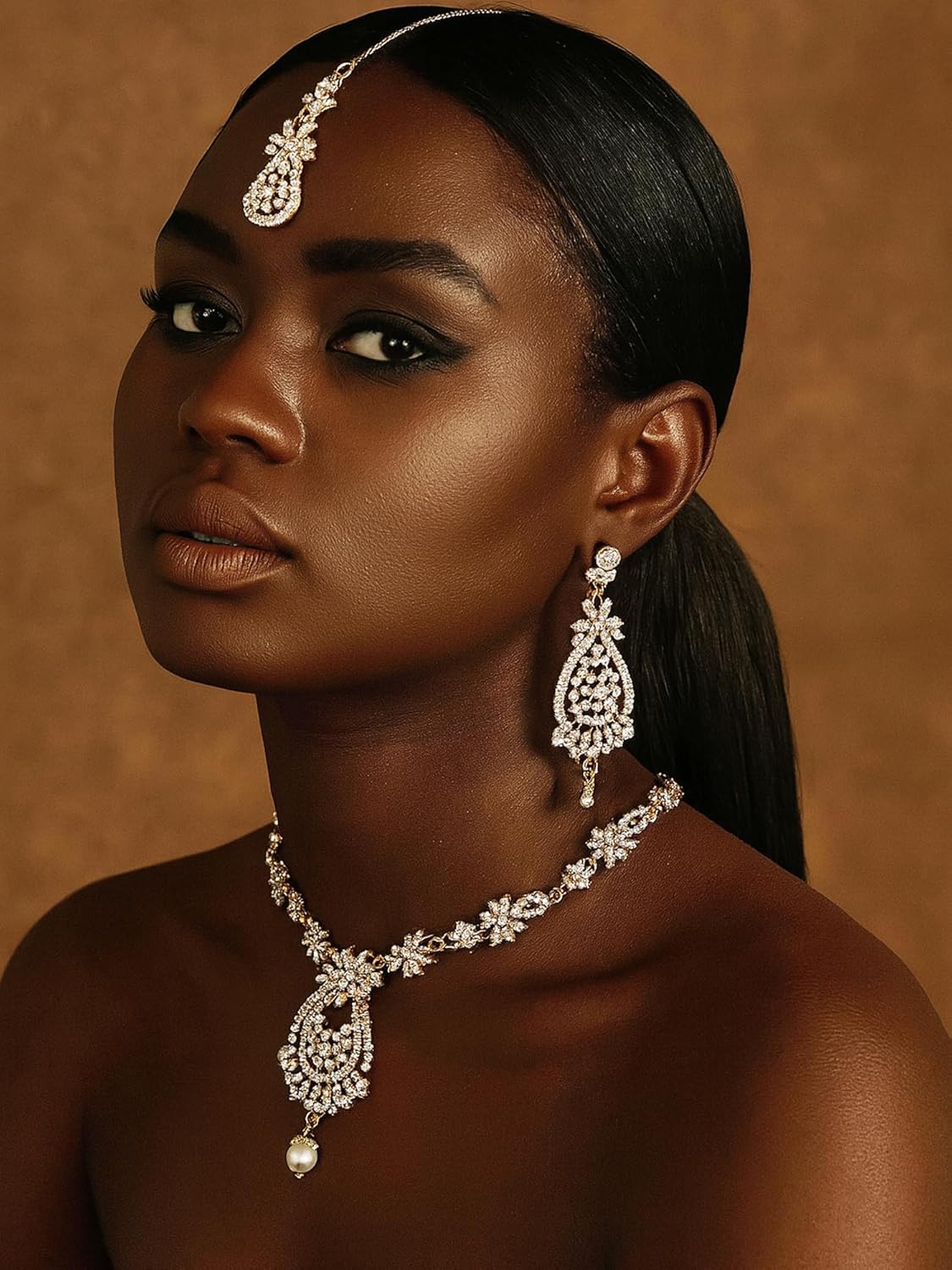 Touchstone Indian jewelry sets for women maang tikka wedding guest gold necklace bollywood jewellery set pageant elegant prom bride accessories western crystal chunky rhinestone necklaces