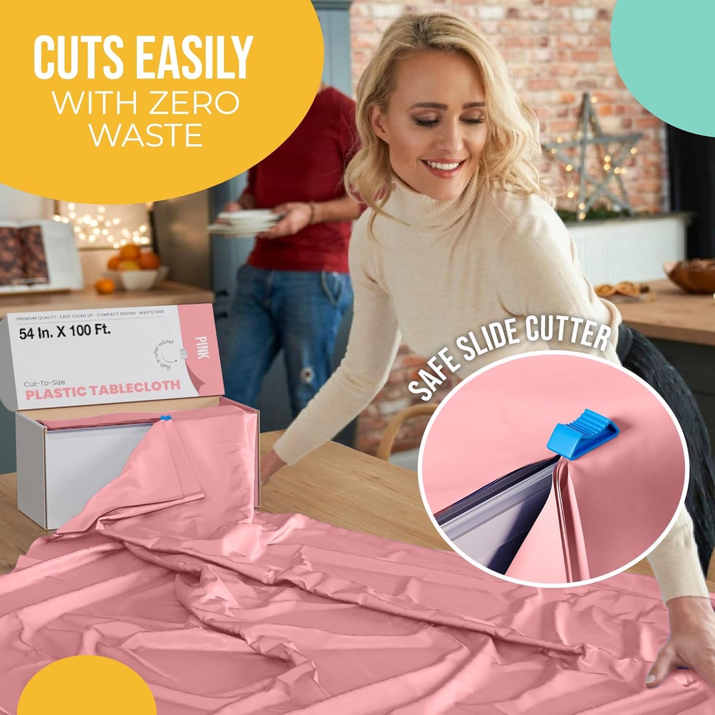 Party Solids 54 Inch X 100 Feet Pink Plastic Table Cover Roll in A Cut - to - Size Box with Convenient Slide Cutter. Cuts Up to 12 Rectangle 8 Feet Plastic Disposable Tablecloths