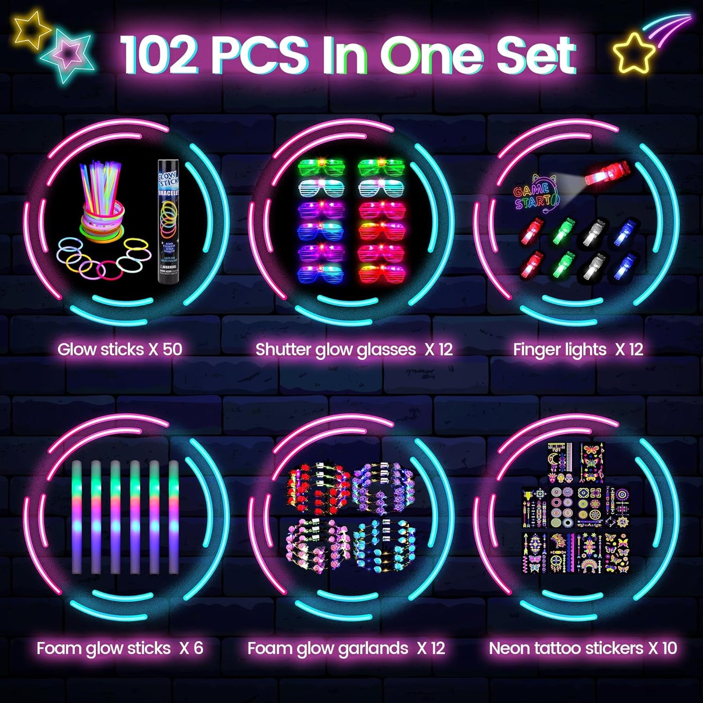 Elcoho 102 Pcs Glow In The Dark Party Supplies LED Light Up Party Favors with Shutter Glasses Garlands Tattoo Stickers Glow Sticks Finger Lights for Birthday Neon Parties Wedding Concert Raves