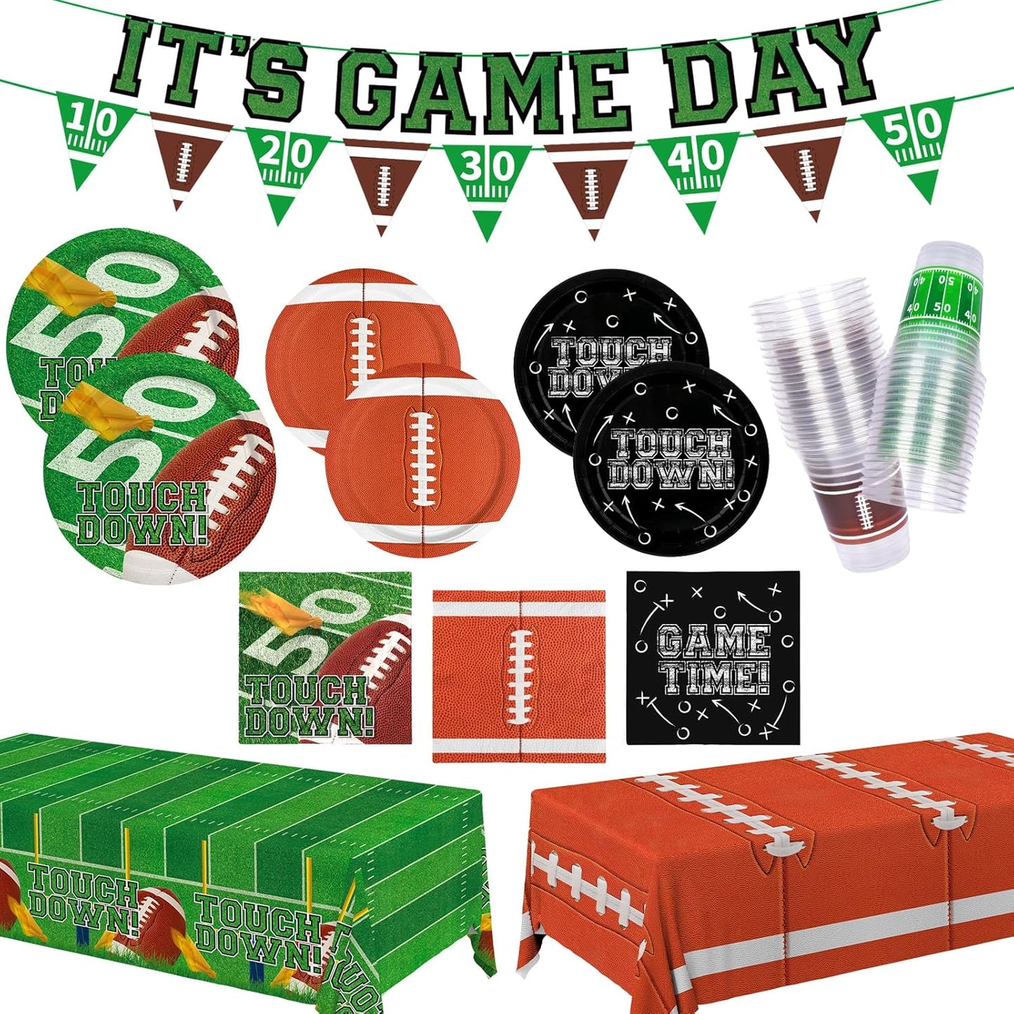 Football Party Decorations Kit for 24: Football Party Supplies Set with Plates, Dessert Plates, Napkins, Cups, Banner & Touchdown Tablecloth - for Football Tailgate Party Decorations