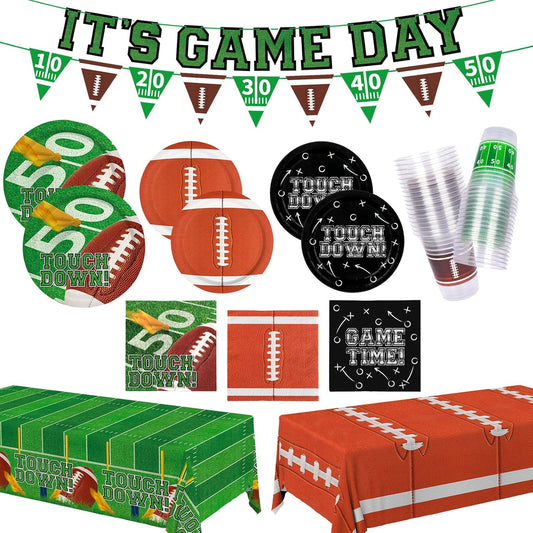 Football Party Decorations Kit for 24: Football Party Supplies Set with Plates, Dessert Plates, Napkins, Cups, Banner & Touchdown Tablecloth - for Football Tailgate Party Decorations