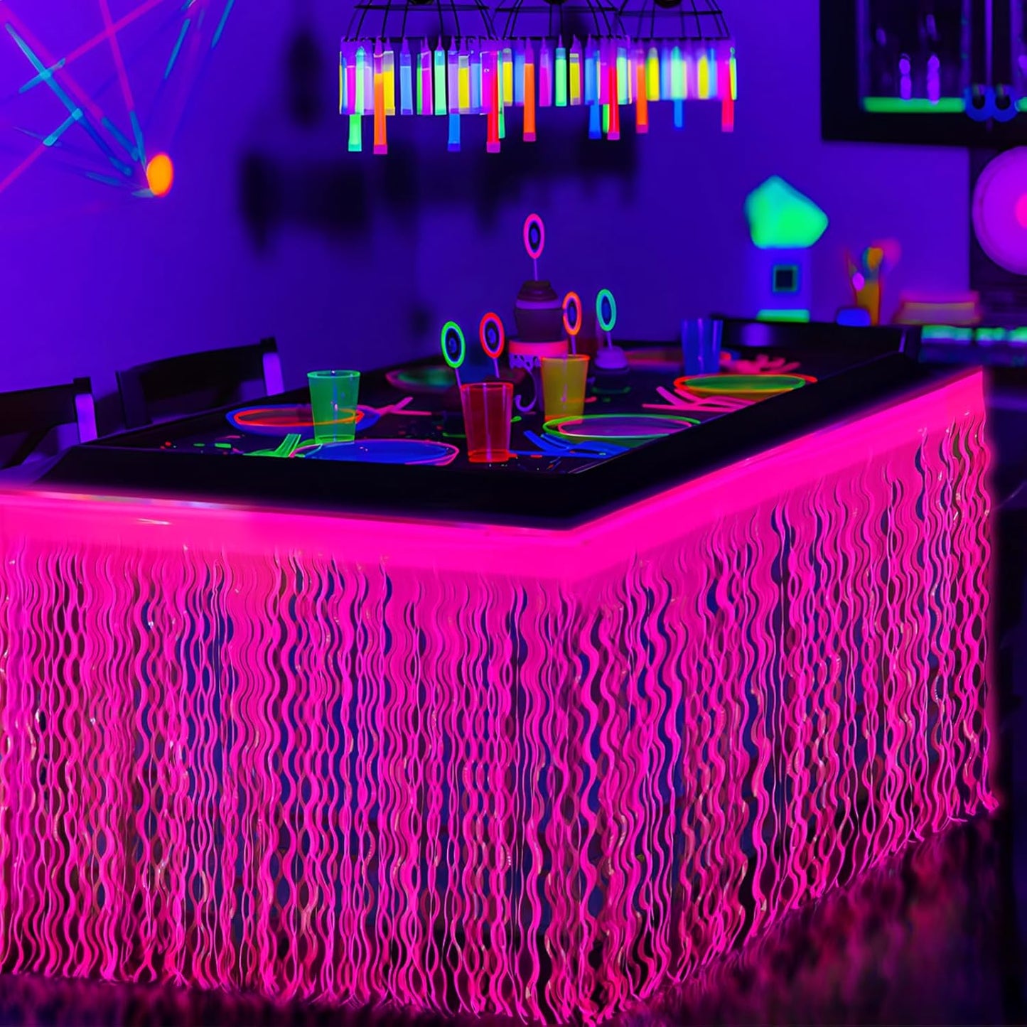 Mega-L Glow in The Dark Party Supplies, 2 Pack Neon Party Decorations Fluorescent Macaron Fuchsia Wavy Metallic Tinsel Foil Fringe Table Skirts, Perfect Table Decors for Glow Birthday Decor