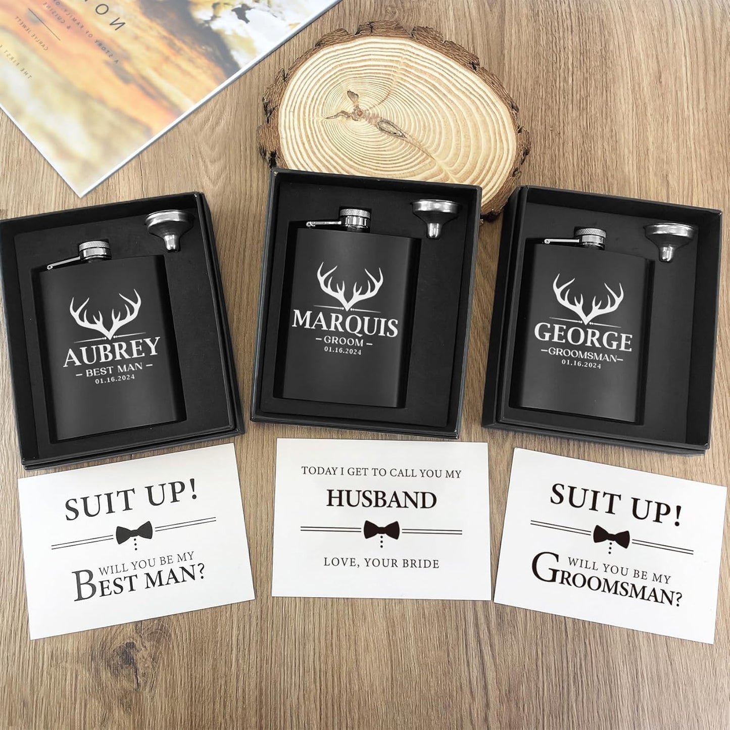 ELEGANTPARK Personalized Groomsmen Gifts for Wedding Custom Flask Monogram Groomsmen Proposal Gifts Bachelor Party Favor for Groom Best Man Stainless Steel 8 OZ Black Hip Flask for Liquor 1 PCS
