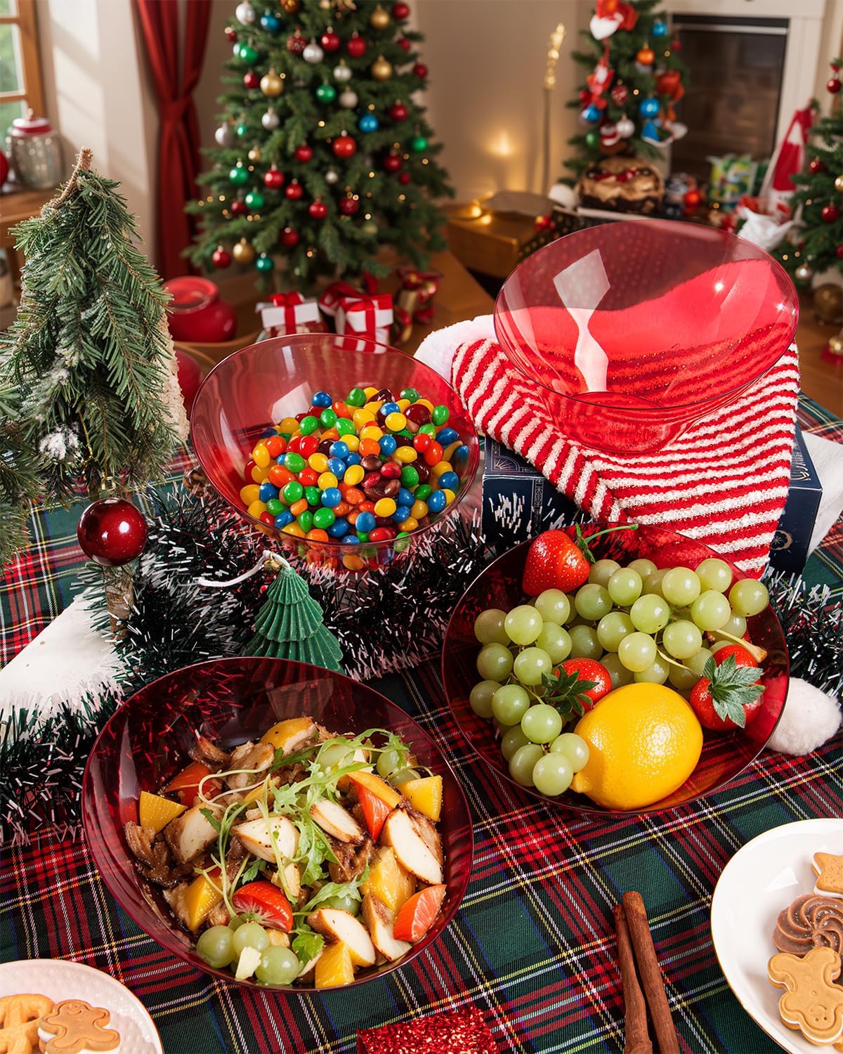 bUCLA 12 Pack Clear Red Plastic Serving Bowls - 20 OZ Christmas Angled Serving Bowls Disposable for Chip, Candy, Salad & Fruit - Ideal for X’mas Party