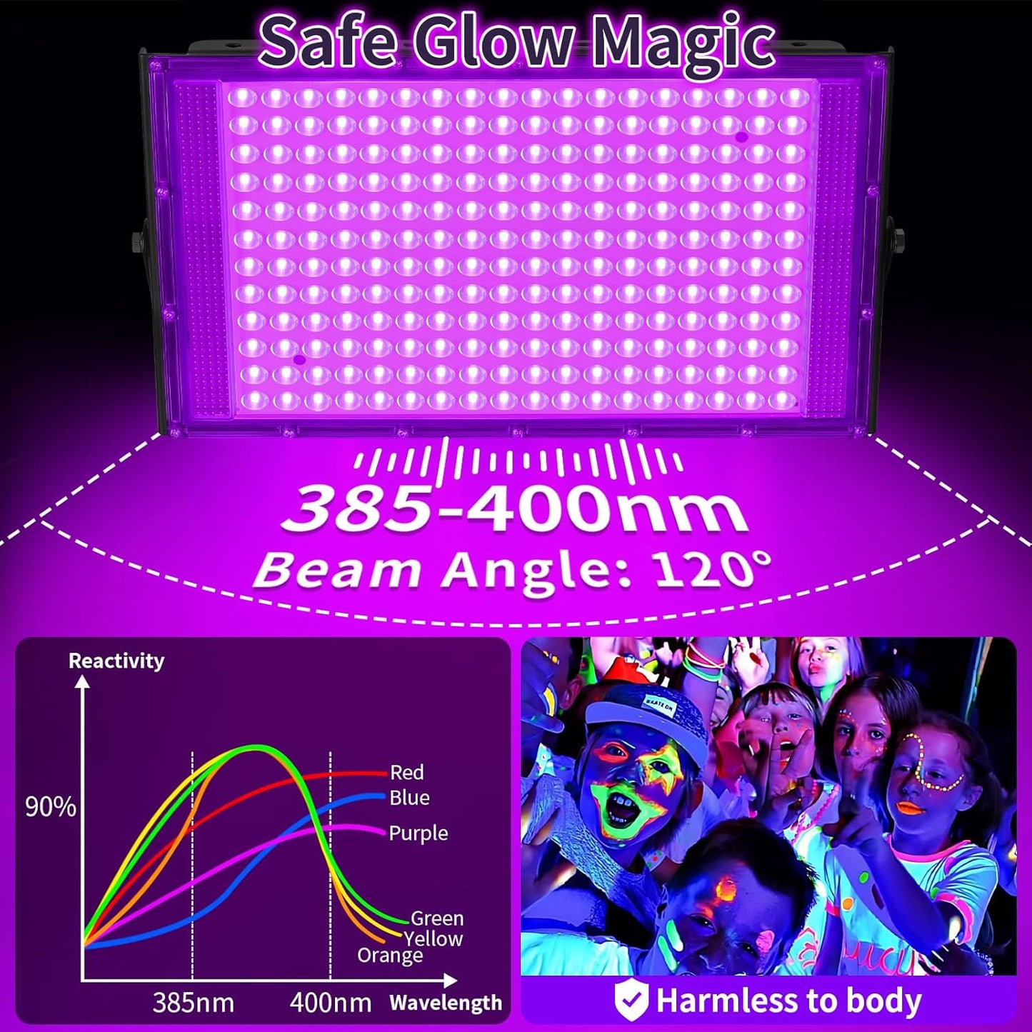 200W Blacklight Flood Light with 10ft Cord+Switch, IP66 Waterproof Outdoor LED Black Lights for Large Space, Glow Party, Halloween, Stage, Gym, Poster, Body Paint, 4 Pack