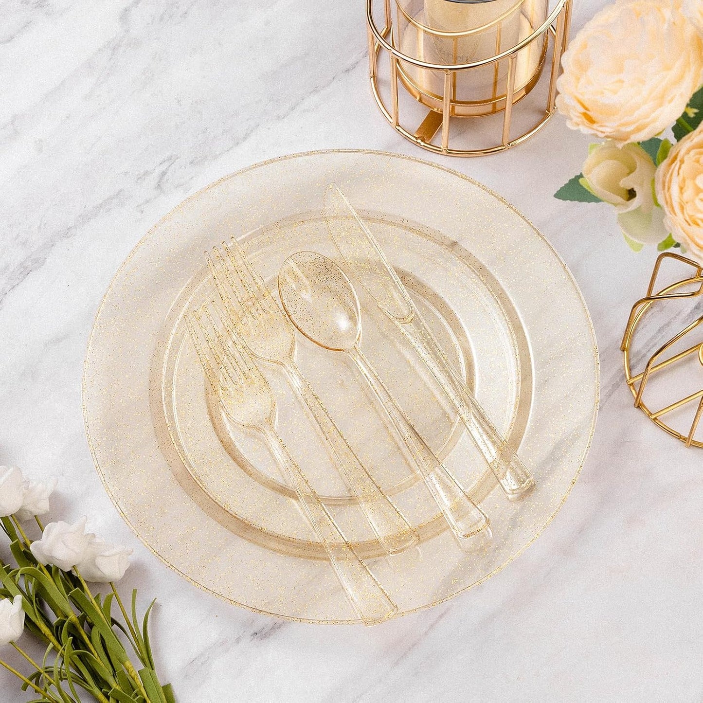 Goodluck Gold Glitter Plastic Plates - 200PCS Set: 100 Dinner (10.25 Inch), 100 Dessert (7.5 Inch) Plates - Disposable, Suitable for Parties, Weddings, Christmas
