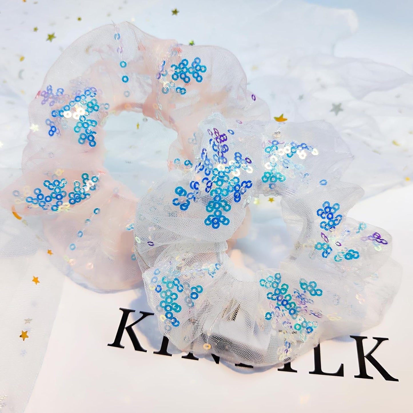 4 Pcs Christmas Light Up Hair Accessories for Girls Women, Sparkly Sequins Hair Scrunchies, LED Hair Tie for Movie Night Supplies, Glow in The Dark Scrunchies for Rave Neon Slumber Party