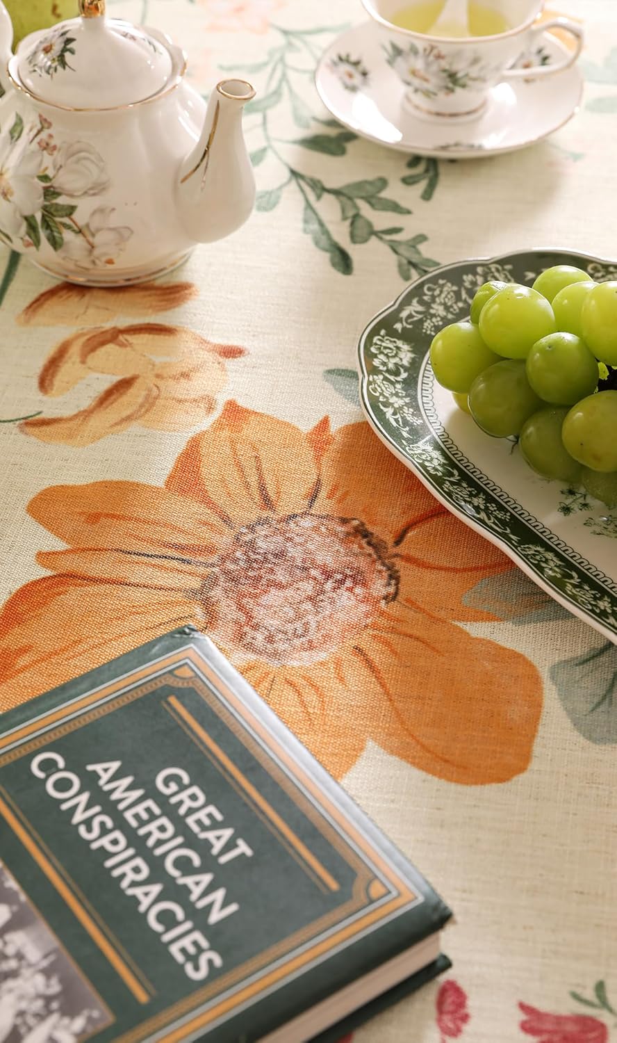 French Linen Small Square Tablecloth,Orange Floral Pattern Wrinkle Resistant Table Cloth,Decorative Table Cover for Kitchen,Dining,Thanksgiving,Tea Party,Christmas,55"*55"-Milch