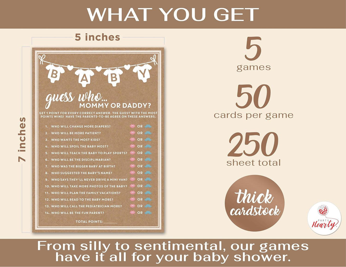 Party Hearty Baby Shower Games for Girl or Boy, 250 pcs 5 Games Activities Cards, Funny Baby Shower Games, Gender Neutral, Baby Shower Ideas