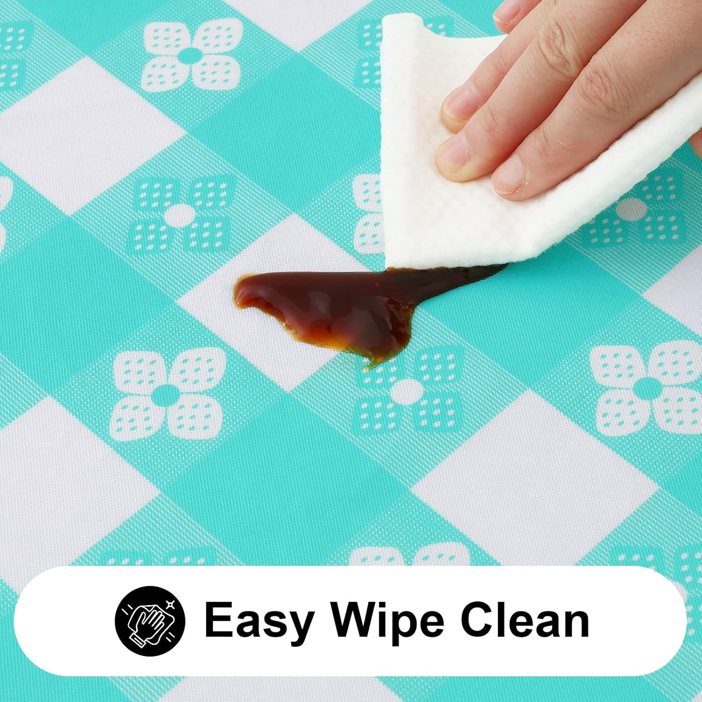 Rectangle Vinyl Table Cloth, Waterproof Elastic Fitted Tablecloth with Flannel Backing, Plastic Table Cover for Picnic, Camping, Outdoor (White & Teal, 30"x60")