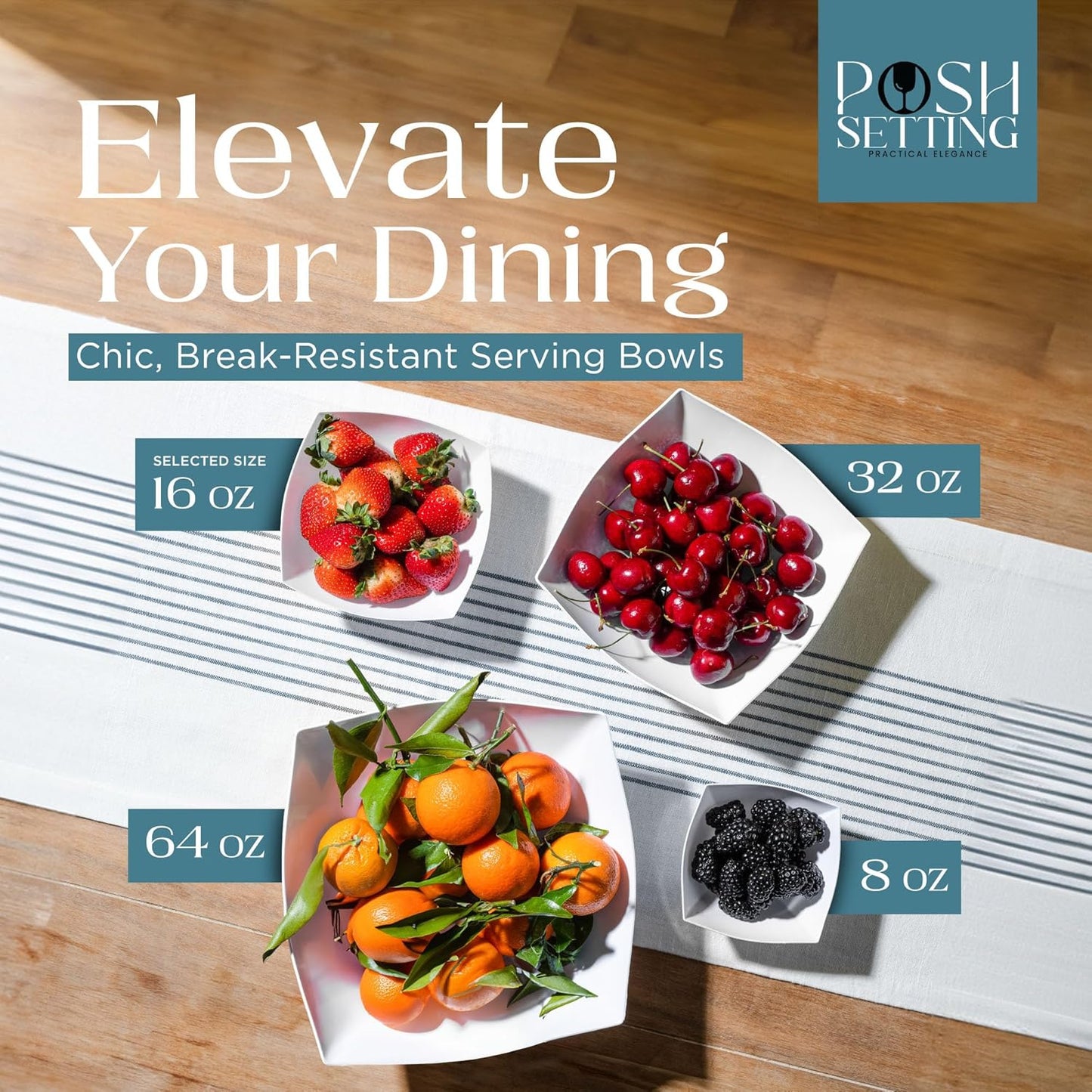 Posh Setting - White Plastic Square Serving Bowls for Party (16oz - 4 Pack), Disposable & Candy Containers for Party Table & Buffet