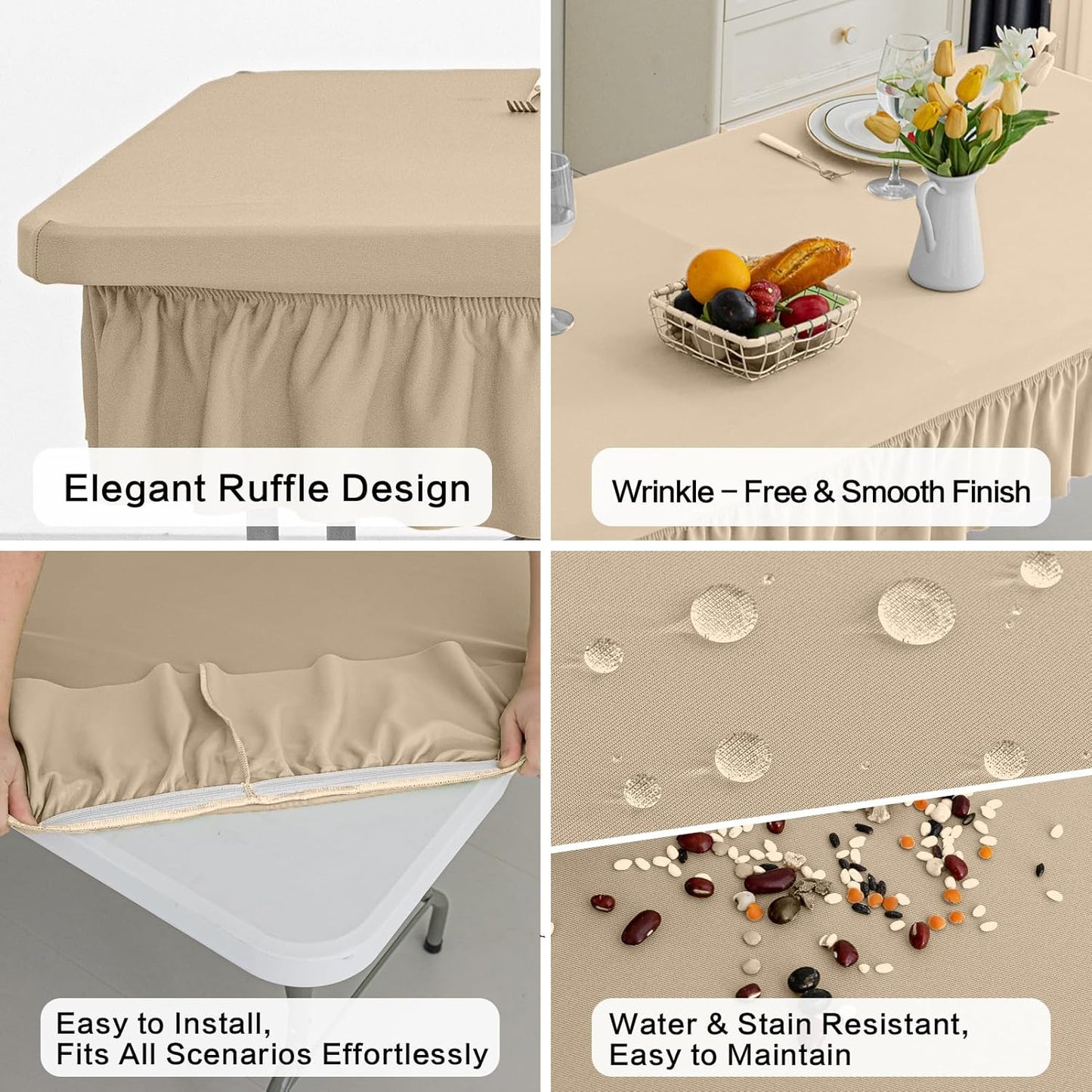 4ft Khaki Stretch Tablecloth for Rectangular Tables - Flared Wrap Design, Waterproof, Wrinkle-Resistant, Washable - Ideal for Weddings, Parties, Banquets & Table Protection