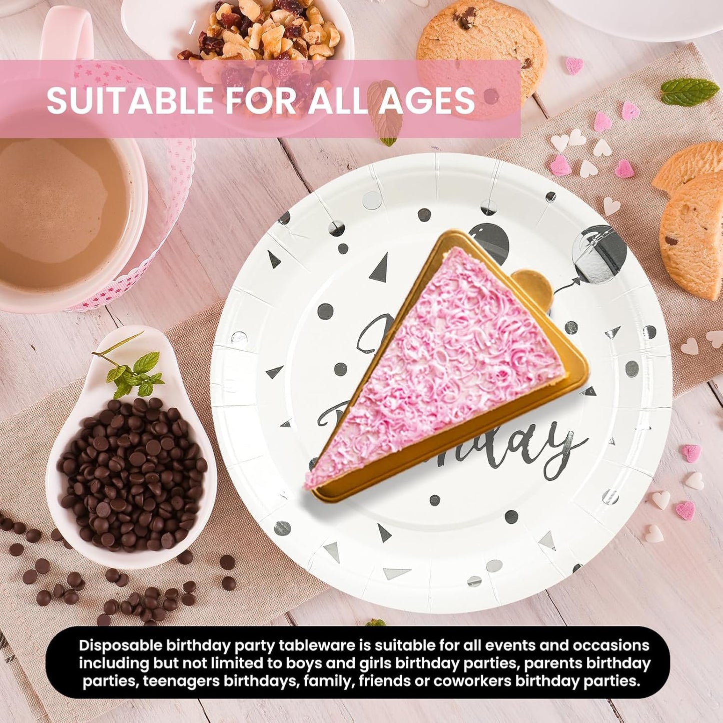 75PCS Happy Birthday Paper Plates - 7 Inch White Sliver Dot Paper Plates and 6.5 Inch Napkins with 6.3 Inch Sliver Forks Disposable Tableware Set for Birthday Party Decorations, Serve 25