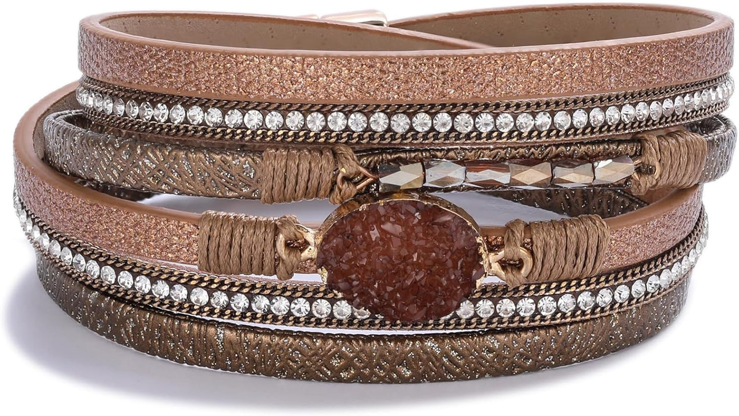 FANCY SHINY Leather Wrap Bracelet Boho Cuff Bangle Bracelets Crystal Bead Bracelet with Magnetic Clasp Jewelry Gifts for Women