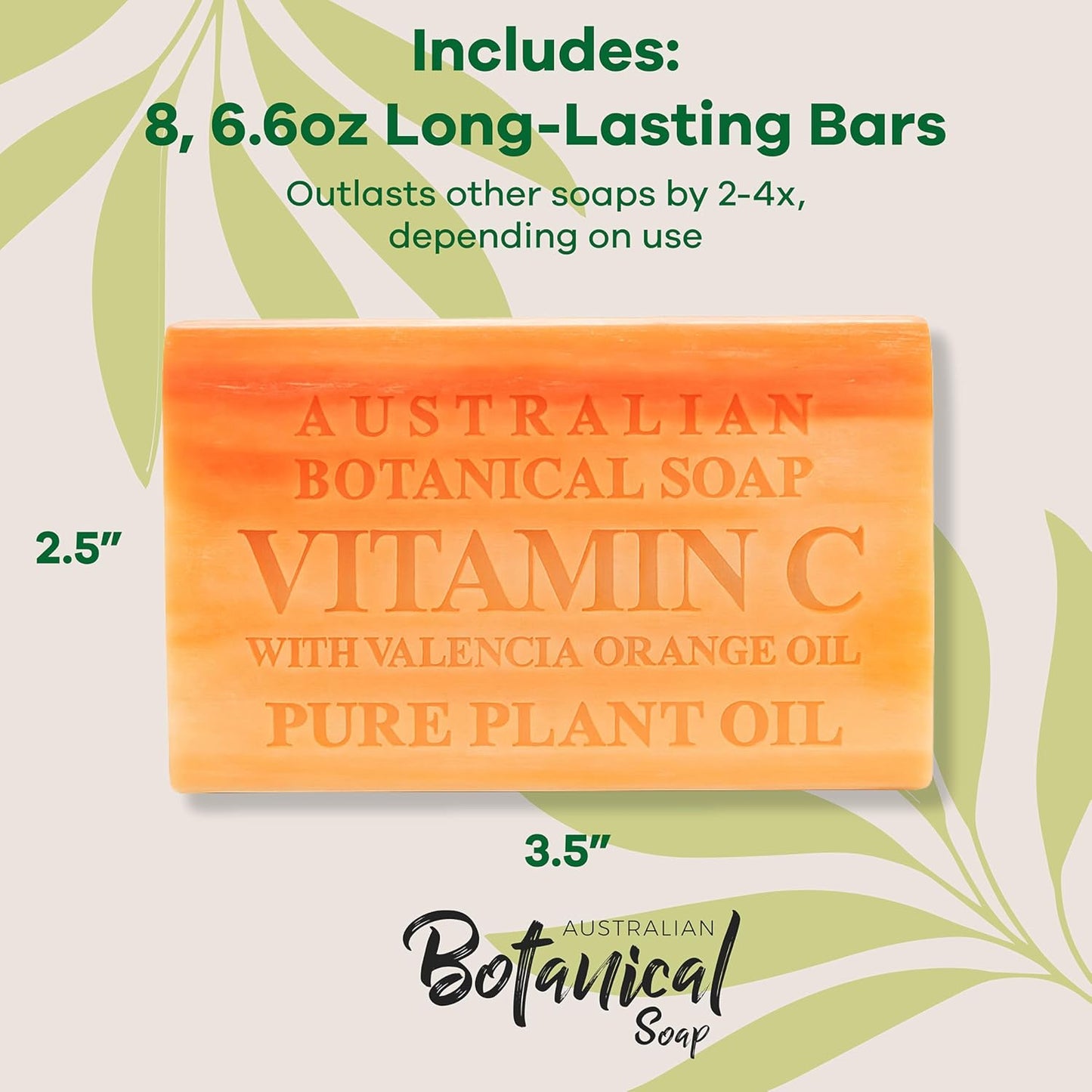 Australian Botanical Soap, 6.6 OZ, Vitamin C and Valencia Orange, Triple Milled Bars made with a Natural Soap Base and Enriched with Organic Shea Butter, Pack of 8