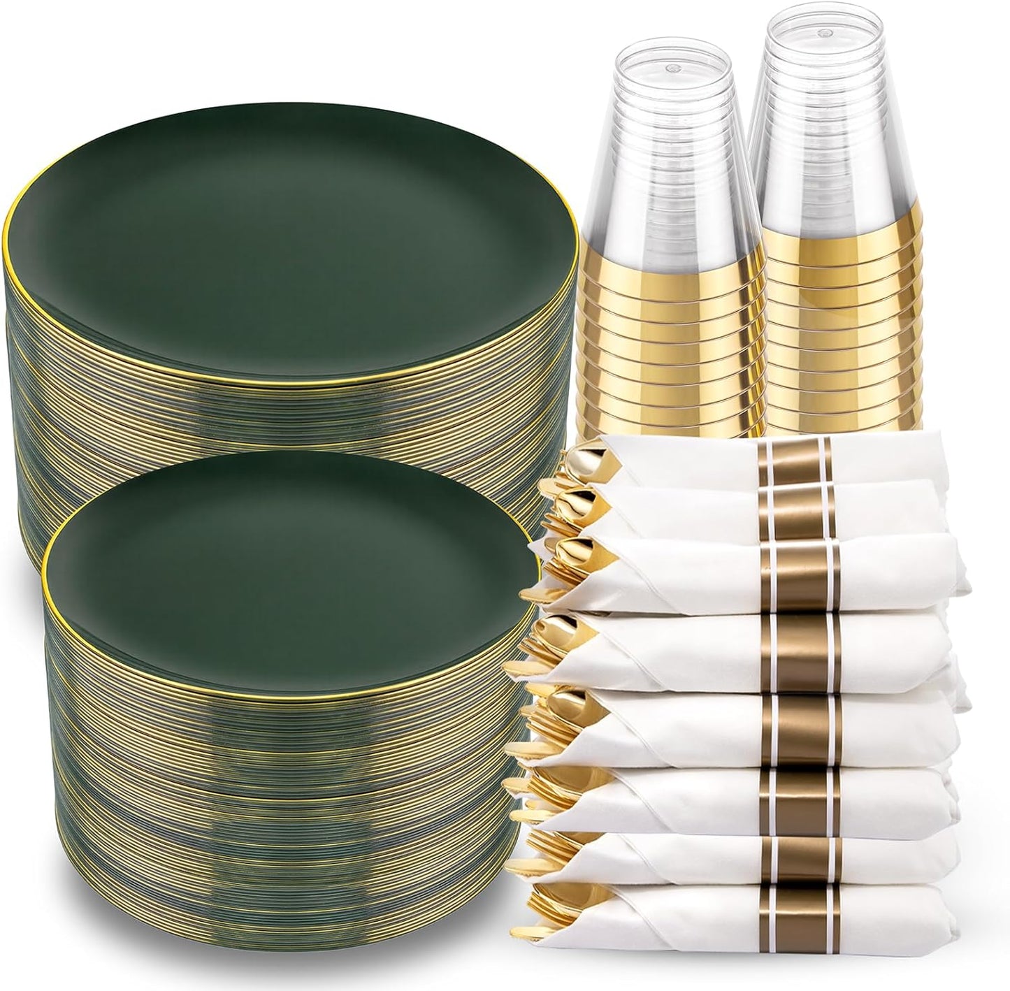 KIRE 350PCS Green Plates Disposable - Heavy Duty Christmas Plates - 50Guest Include Green Plastic Dinnerware - Pro Rolled Napkins with Gold Silverware and Cups for Christmas&Party