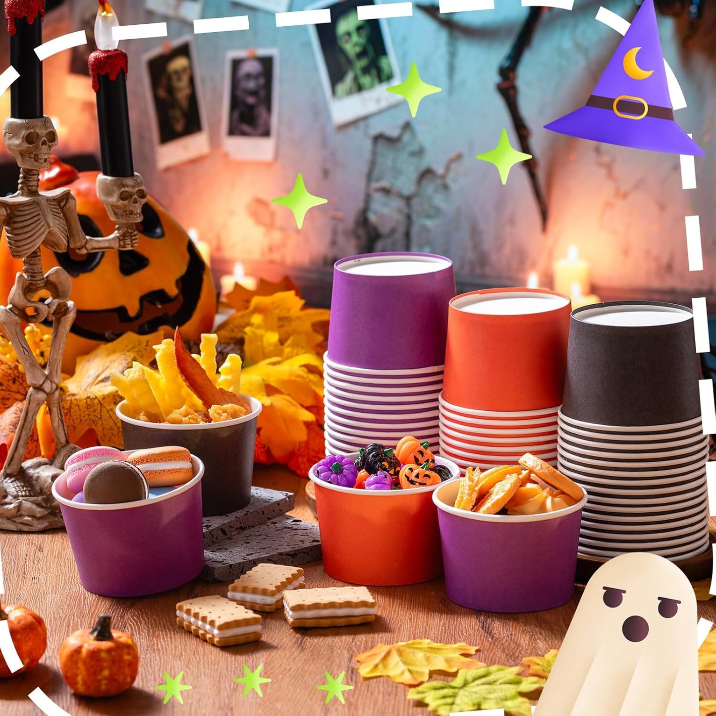 Paper Ice Cream Cups 9oz Colored Disposable Dessert Bowls for Hot or Cold Food Party Cups for Birthday Baby Shower Easter Party Supplies(Halloween Color,60 Pcs)