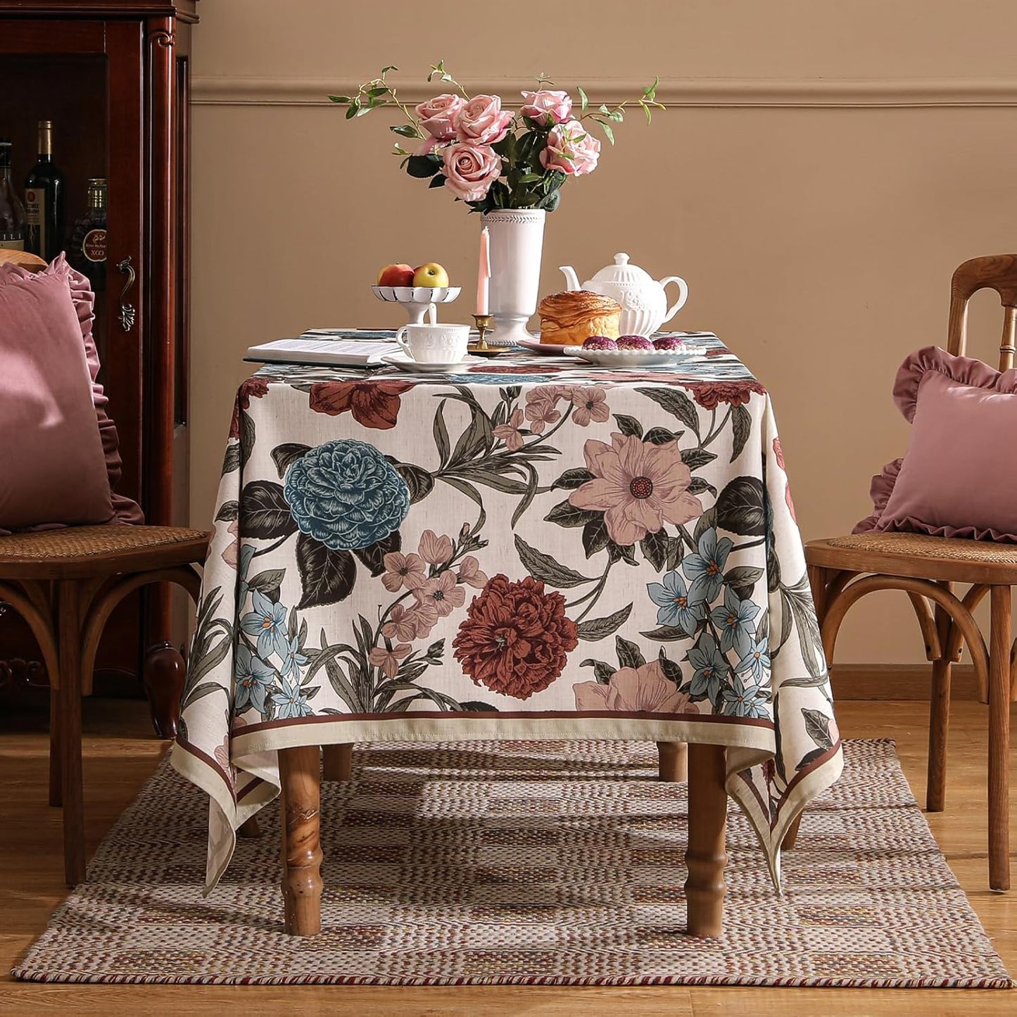 Designer French Linen Small Tablecloth for Rectangle Table,Red and Blue Floral Durable Tablecloths,Decor Table Cover for Kitchen,Dining,Thanksgiving,Christmas,55"*71"-Burgundyred