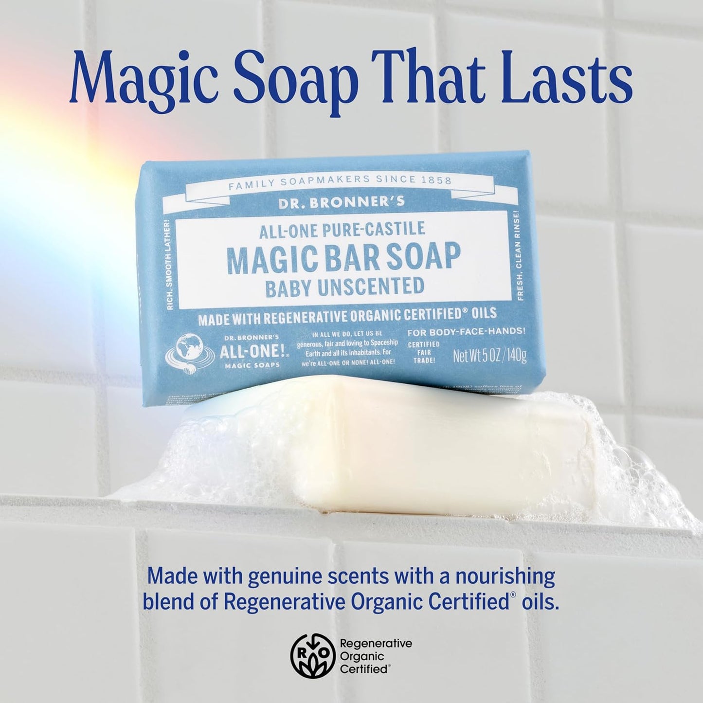 Dr. Bronner's Pure-Castile Magic Bar Soap (Baby Unscented, 5 Ounce, 12-Pack) - Made with Regenerative Organic Certified Oils, Gentle for Sensitive Skin & Babies, Non-GMO, Vegan