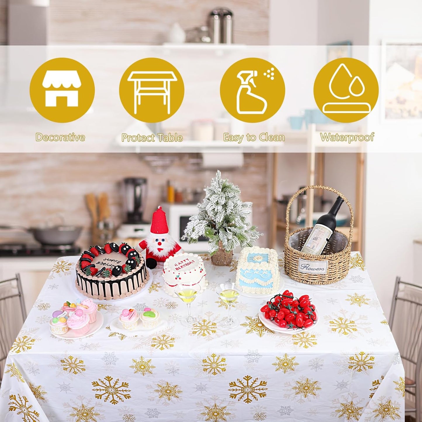 3 Pack Christmas Snowflake Plastic Tablecloth, 54 x 108Inch White and Gold Snowflake Table Cloth Disposable Waterproof Winter Snowflakes Table Cover for Winter Holiday New Year Party Supplies Decor