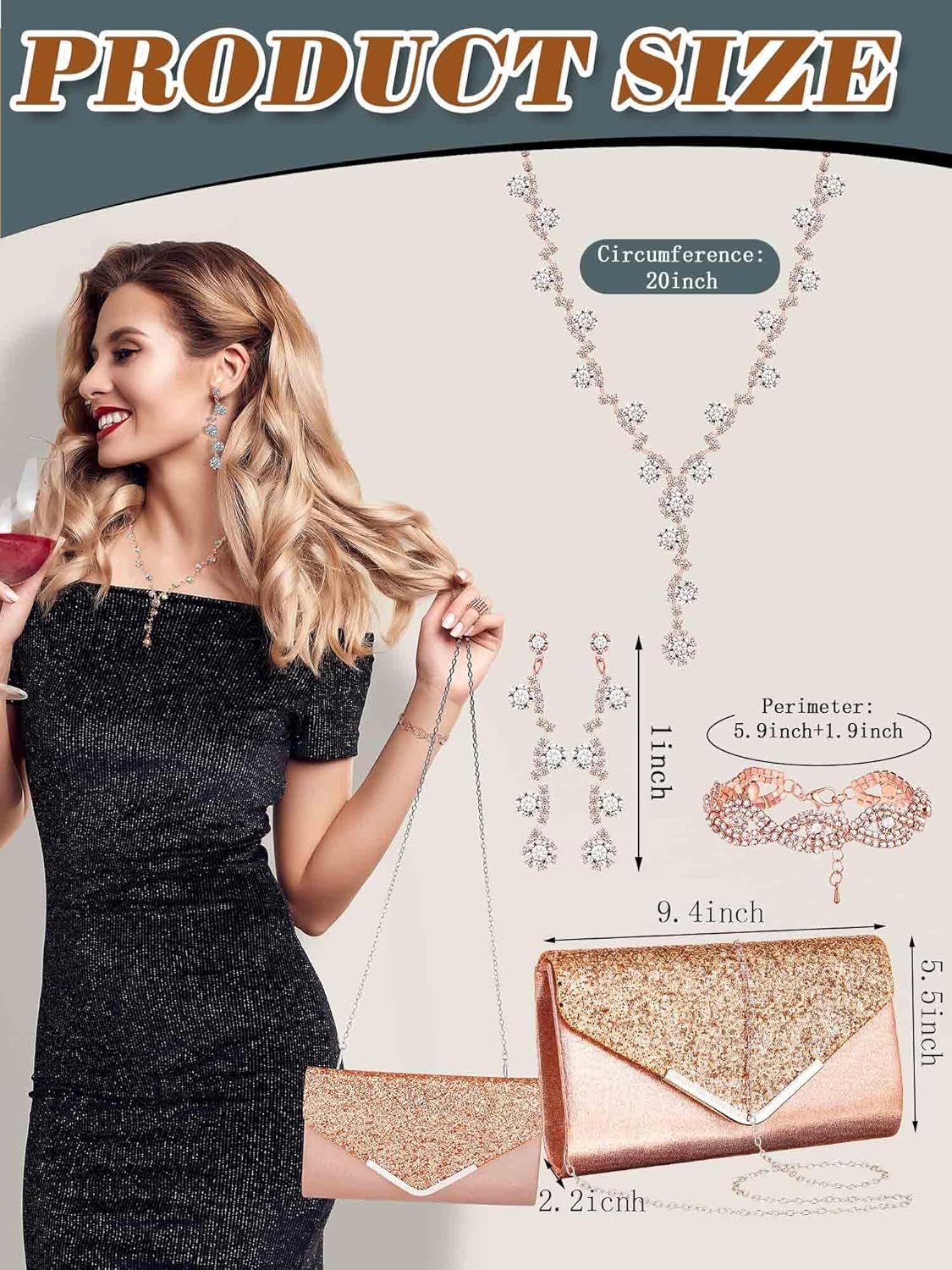 Henoyso 5 Pcs Purse Rhinestone Jewelry Set Prom Jewelry Rhinestone Clutch Purse Necklace Earrings Bracelets for Women Bride