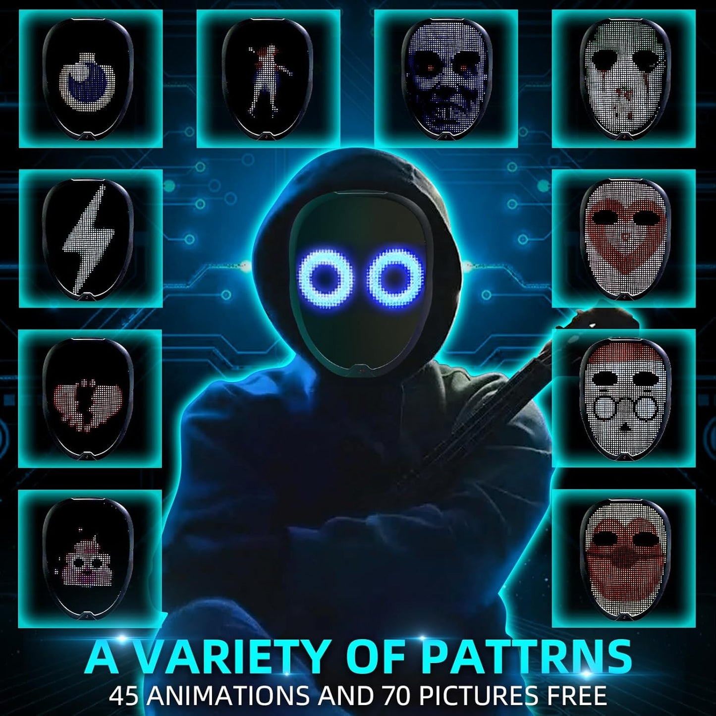 Ompusos LED Mask with Gesture Sensing, Light-Up Transforming Face Cover for Halloween, Christmas, Cosplay & Birthday Parties