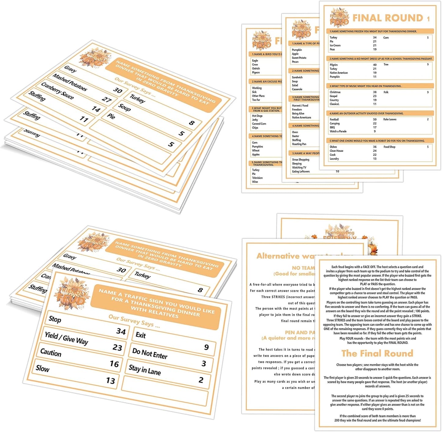 Thanksgiving Friendly Family Feud Game, Feud Trivia Quiz, Baby Shower Game for Family Activity (12 Question Cards & 3 Final Round Cards) Thanksgiving Games for Family Party Decorations Supplies-SG3