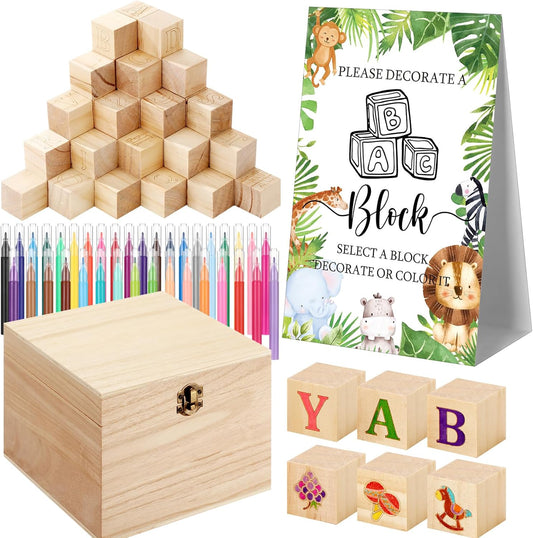 Marsui 136 Pcs Baby Shower Blocks to Decorate Game Kit Includes 98 Wooden Blocks, 36 Markers, 1 Game Sign, 1 Storage Box for Baby Shower Gender Reveal Activity Party Decorations(Animal)