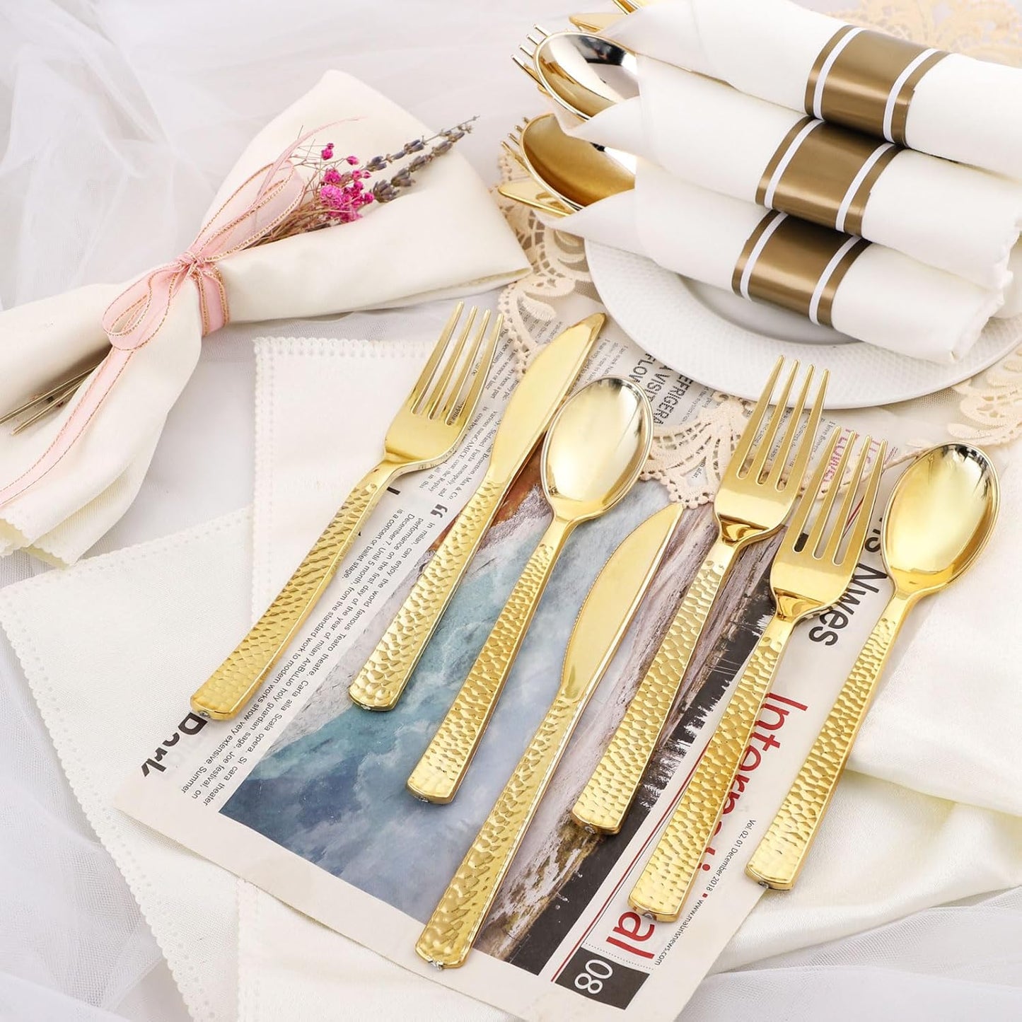 Supernal Set of 60 Wrapped Plastic Silverware Gold Pre Rolled Silverware Set Disposable,Plastic Cutlery for Parties,Disposable Cutlery Heavy Duty with Linen Napkins For Weddings Birhday