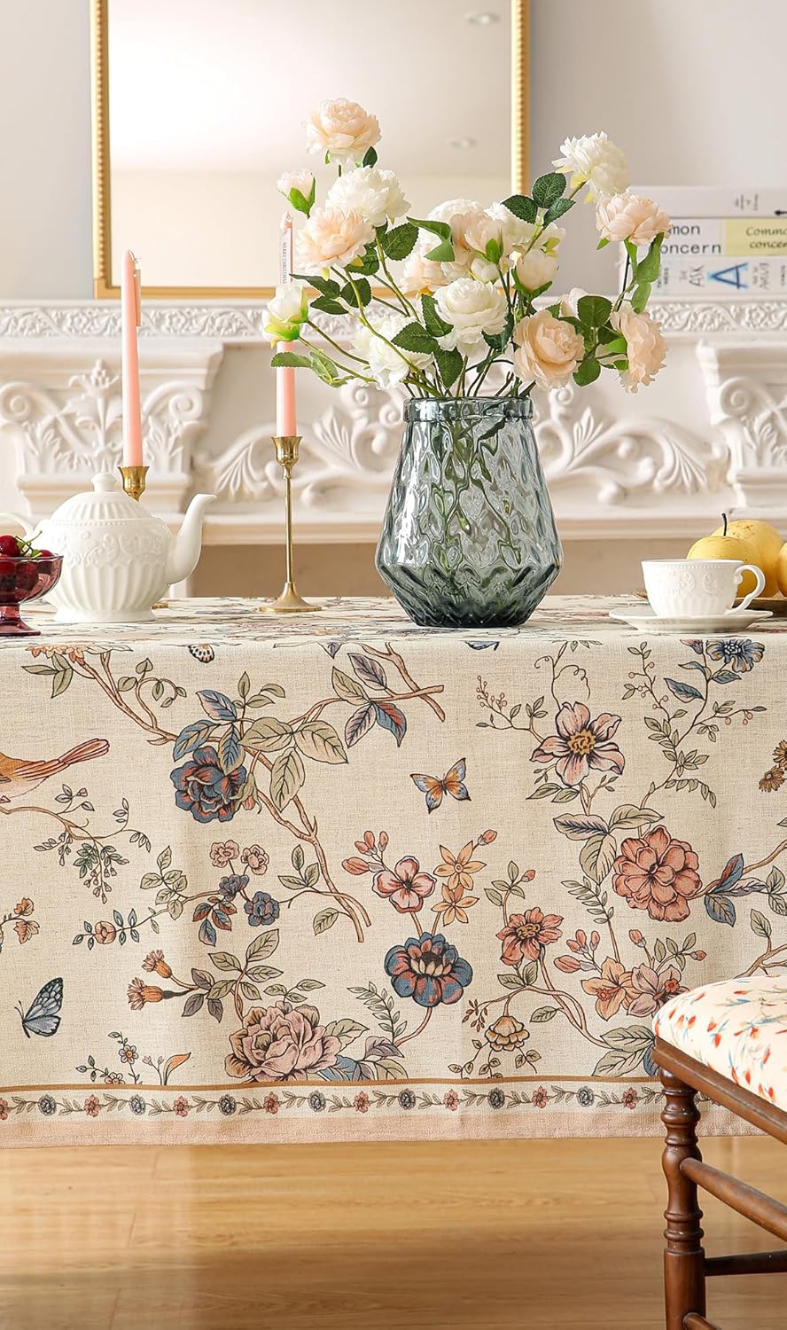 ISAENNE Designer French Light Beige Long Tablecloth Rectangle,Linen Florals and Birds Pattern Table Cloth,Anti-Wrinkle Decorative Tablecloths for Dining Thanksgiving Kitchen,63"*94"-Cornucopia