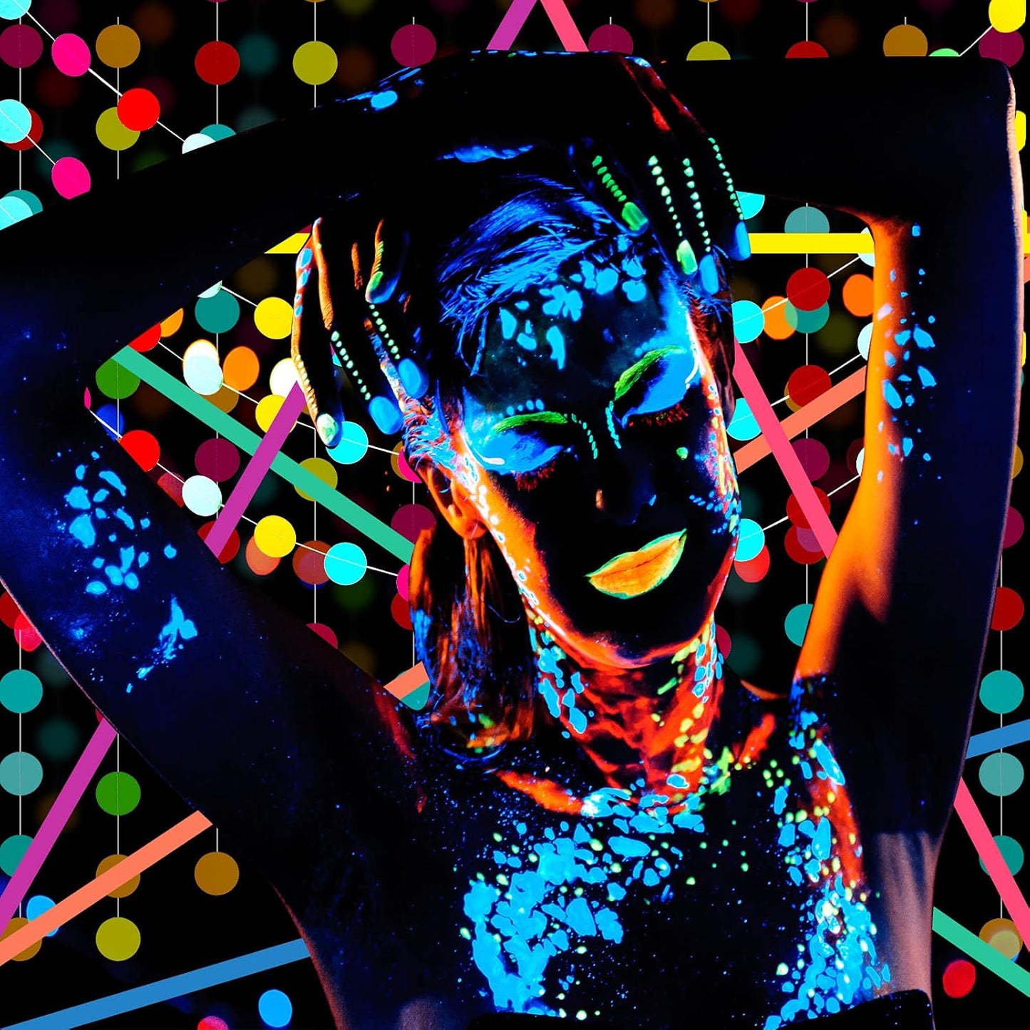 32 Pcs Glow in The Dark Party Supplies Halloween Neon Party Favors with 25 Fluorescent Balloon 6 Rolls 98.4 ft UV Blacklight Luminous Tape 14.4 ft Neon Streamer Garland for Adults(Funny Dot)