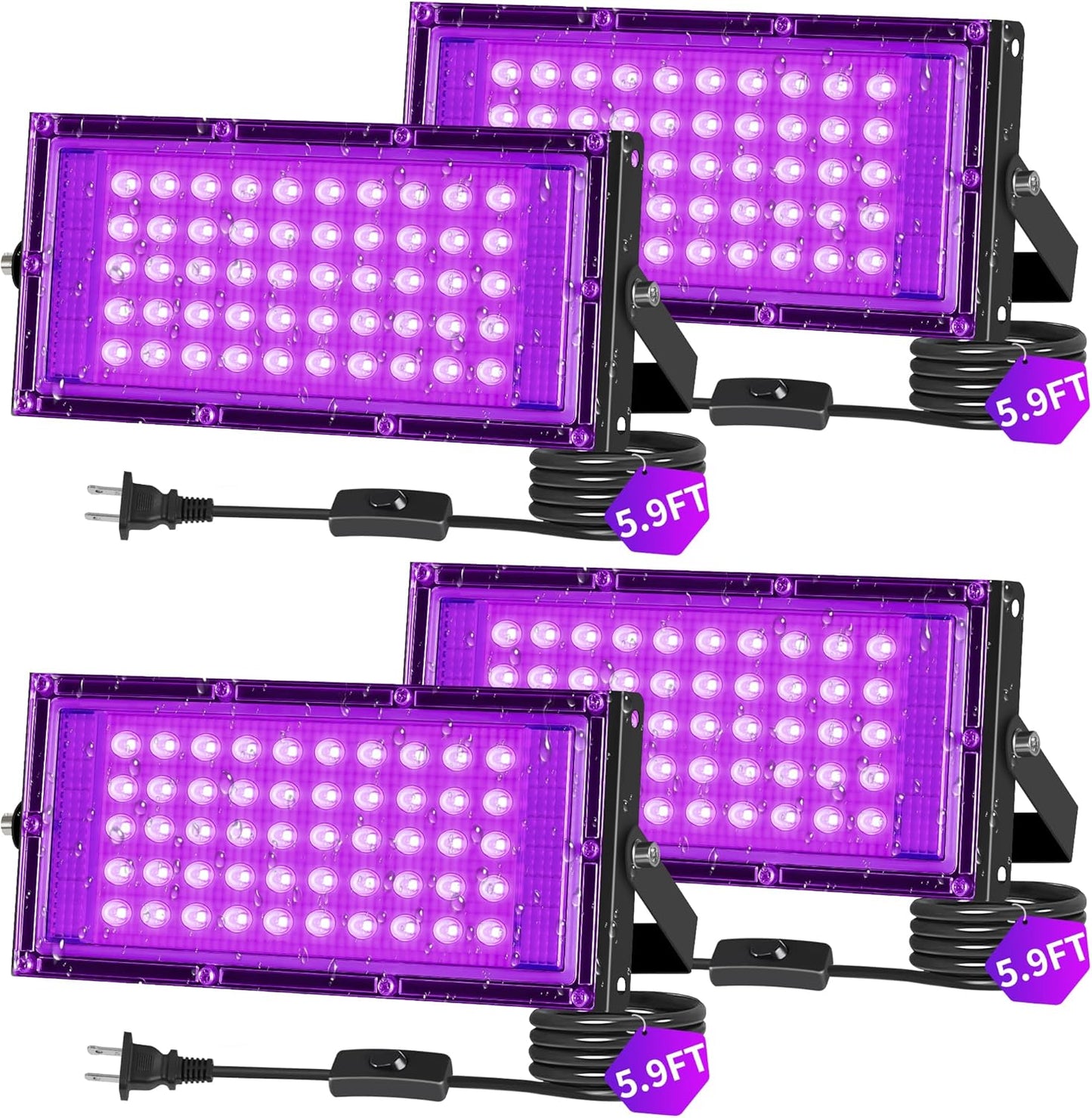 50W LED Black Lights IP66 Waterproof Black Light Outdoor with 5.9ft Plug+Switch, Flood Blacklight for Halloween Glow in The Dark Party Stage Light Neon Glow Birthday 4 Pack