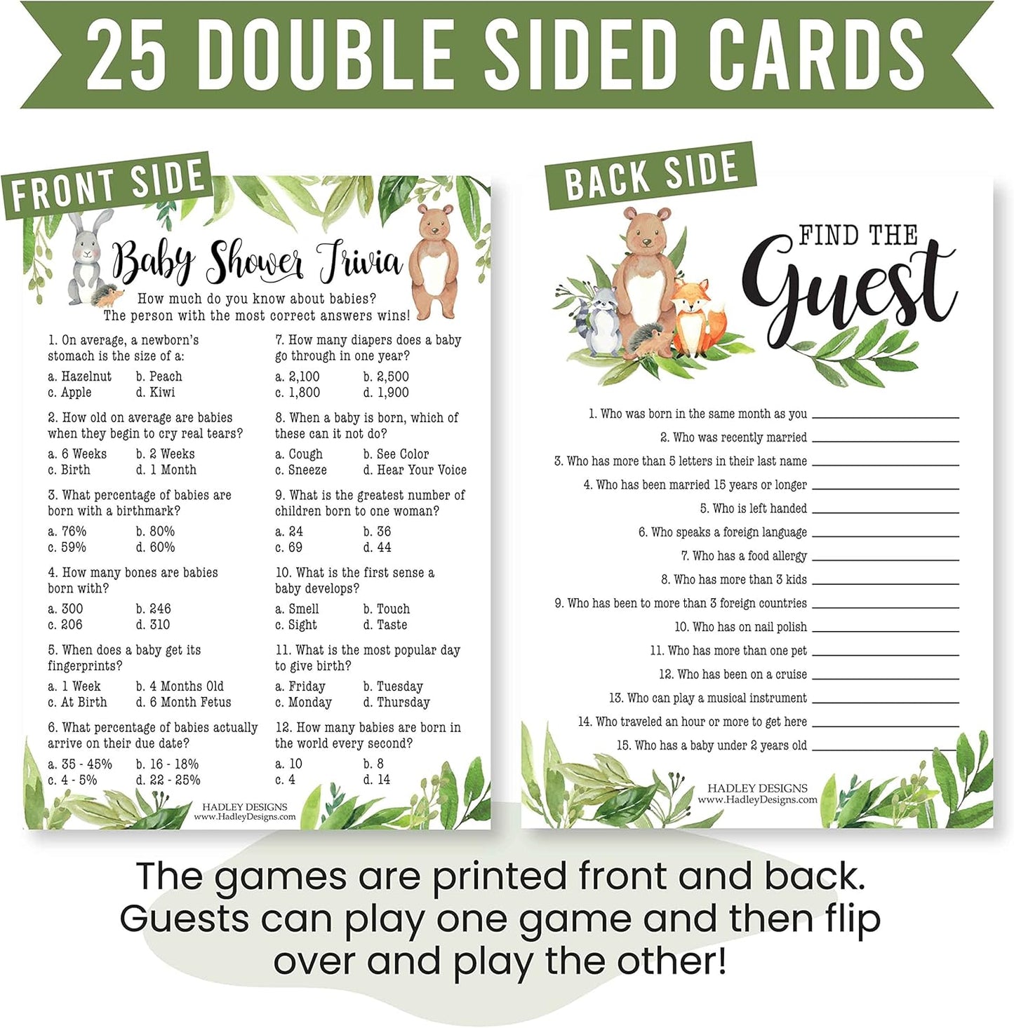 Hadley Designs Hilarious Baby Shower Games Set 25 Double-Sided Cards for 25 Guests, 2 Games, Baby Trivia, Find the Guest, Gender Neutral and Fun for Boys & Girls (Woodland)