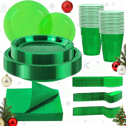 WELLIFE 210Pcs Green Plastic Plates,Clear and Green Christmas Plates Set,Christmas Party Supplies Including Clear Plates, 12OZ Cups, plastic Cutlery and Paper Napkins Serve 30 Guests