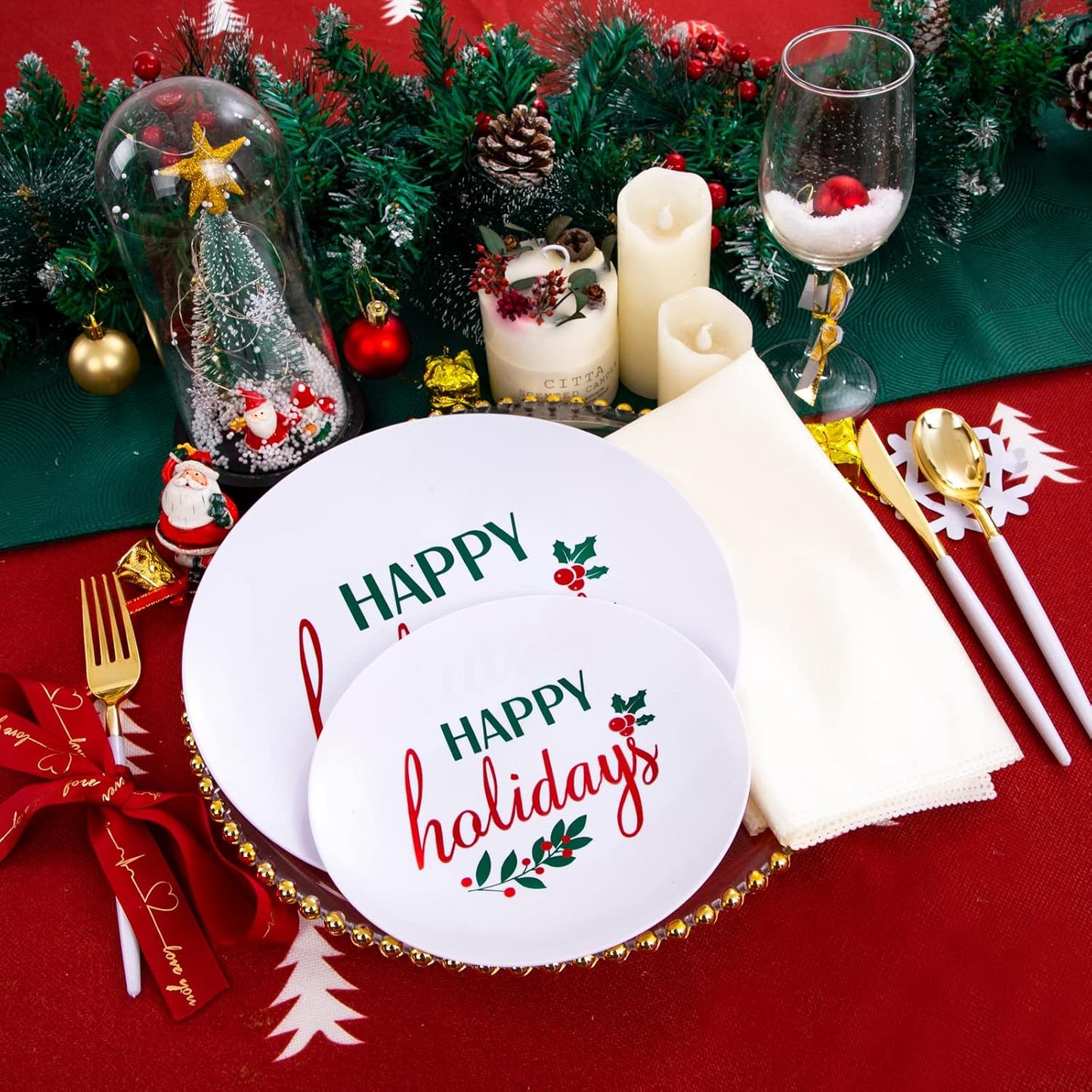 Supernal 150pcs Christmas Plastic Dinnerware with Holiday Plastic Plates,White and Gold Disposable Silverware, Christmas Plates with "Happy Holiday"