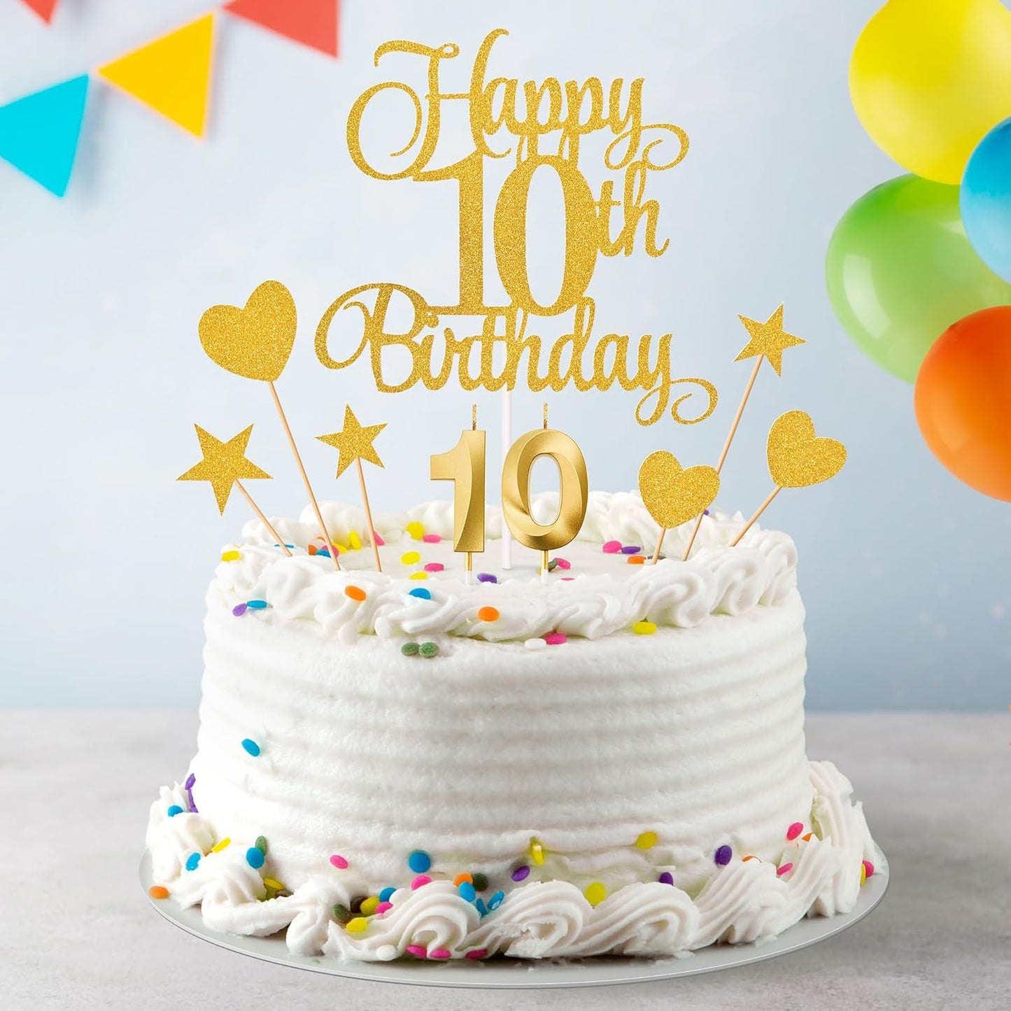 10th Birthday Cake Decorations, 10th Birthday Candles Cake Numeral Candles and Glitter Happy 10th Birthday Cake Toppers Set for Birthday Party Supplies (Gold)