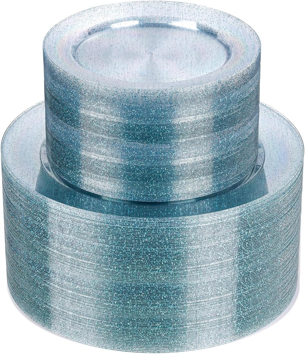 WDF 200PCS Blue Plastic Plates - Blue Glitter Plastic Plates - Heavy Duty Disposable Plates - Include 100 Dinner Plates 10" and 100 Dessert Plates 7" for Parties/Wedding/Graduation